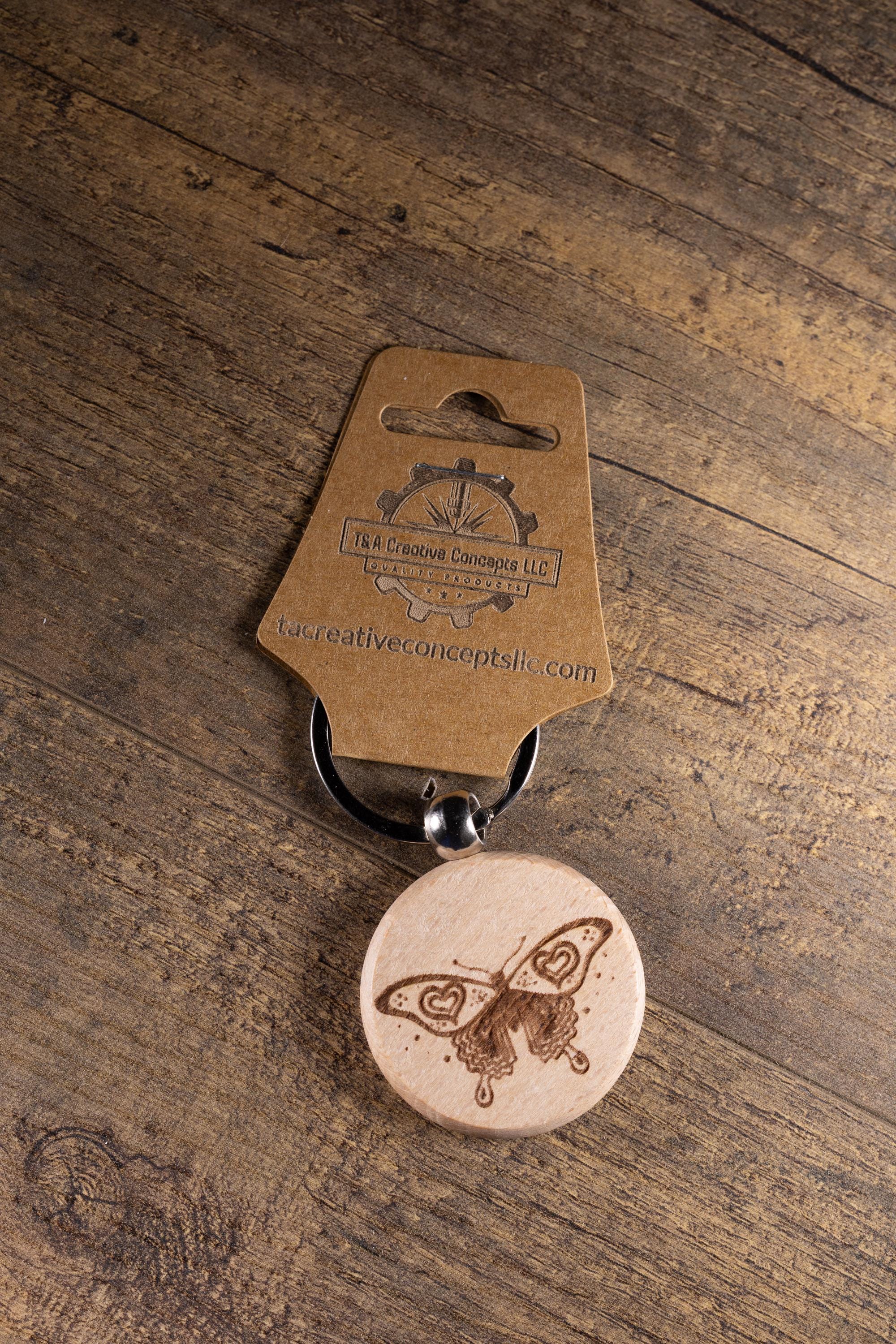 Laser Engraved Keychain - Solid Hardwood Butterfly Bag Charm with Stainless Steel Ring