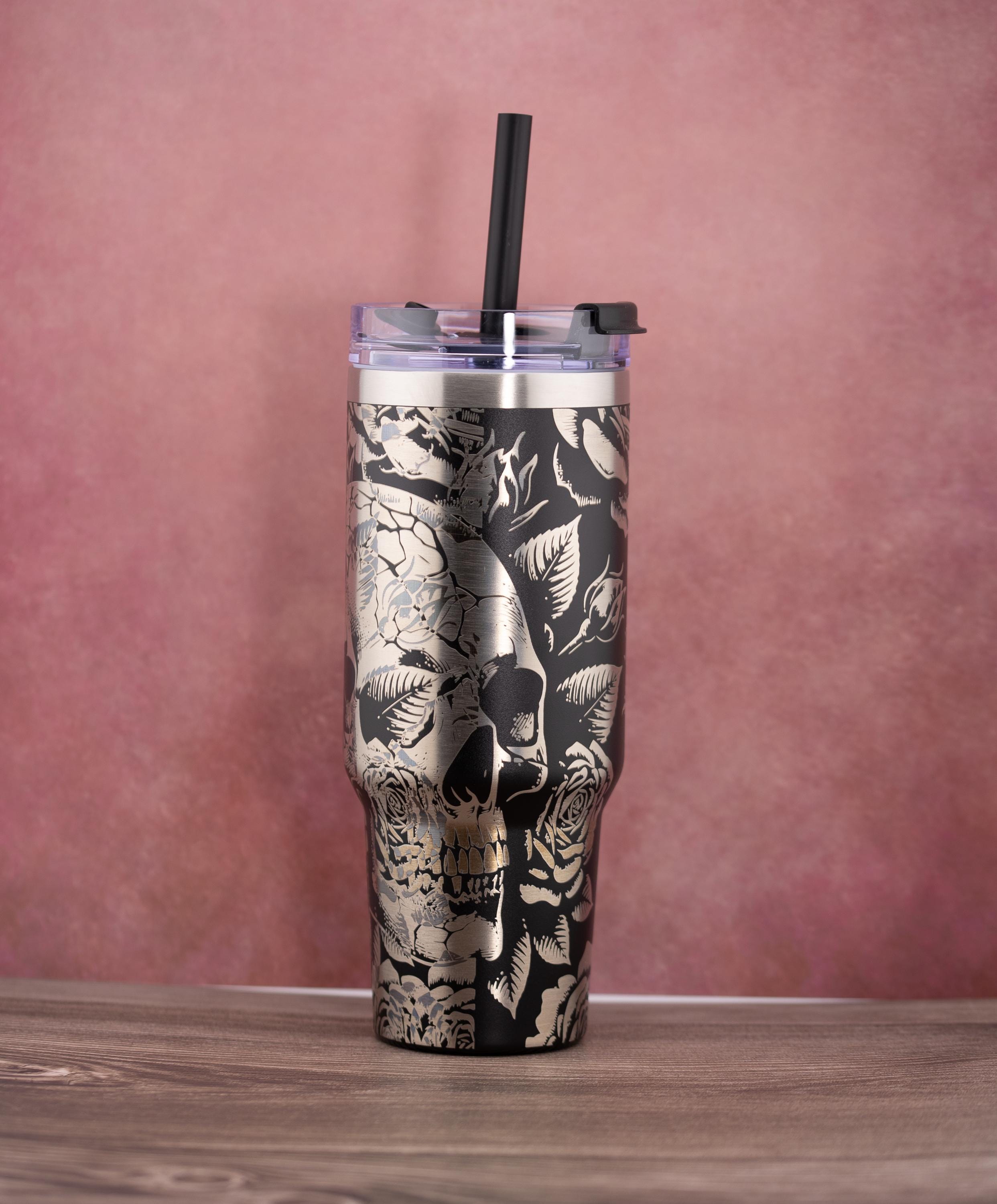 Skulls and Roses Tumbler – 40oz Double Wall Insulated Steel Cup with Powder Coat Finish