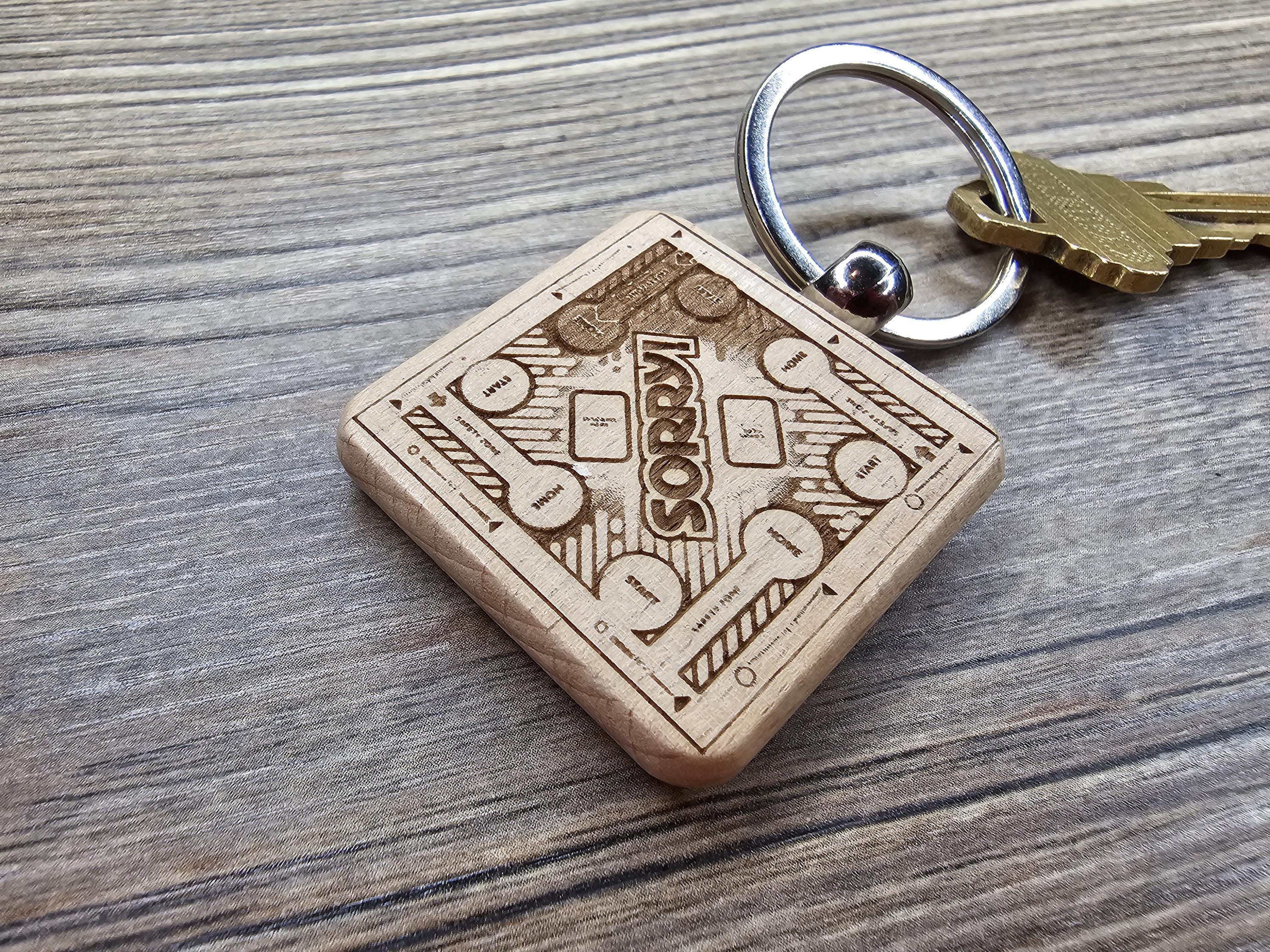 Sorry Board Game Keychain – Laser Engraved Hardwood Charm with Stainless Steel Ring