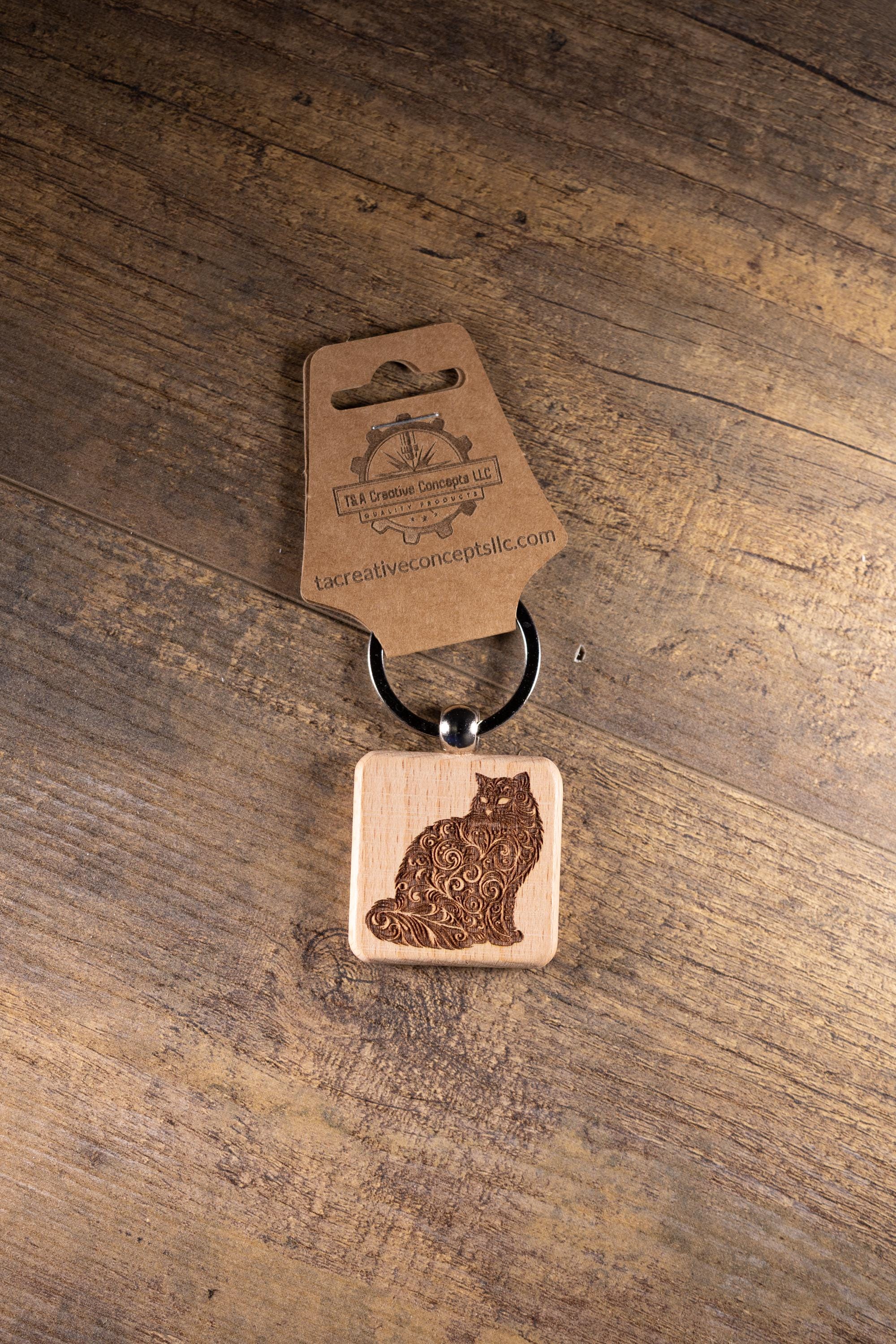 Wood Cat Keychain – Laser Engraved Hardwood | Durable Cat Pendant, Handmade Gift