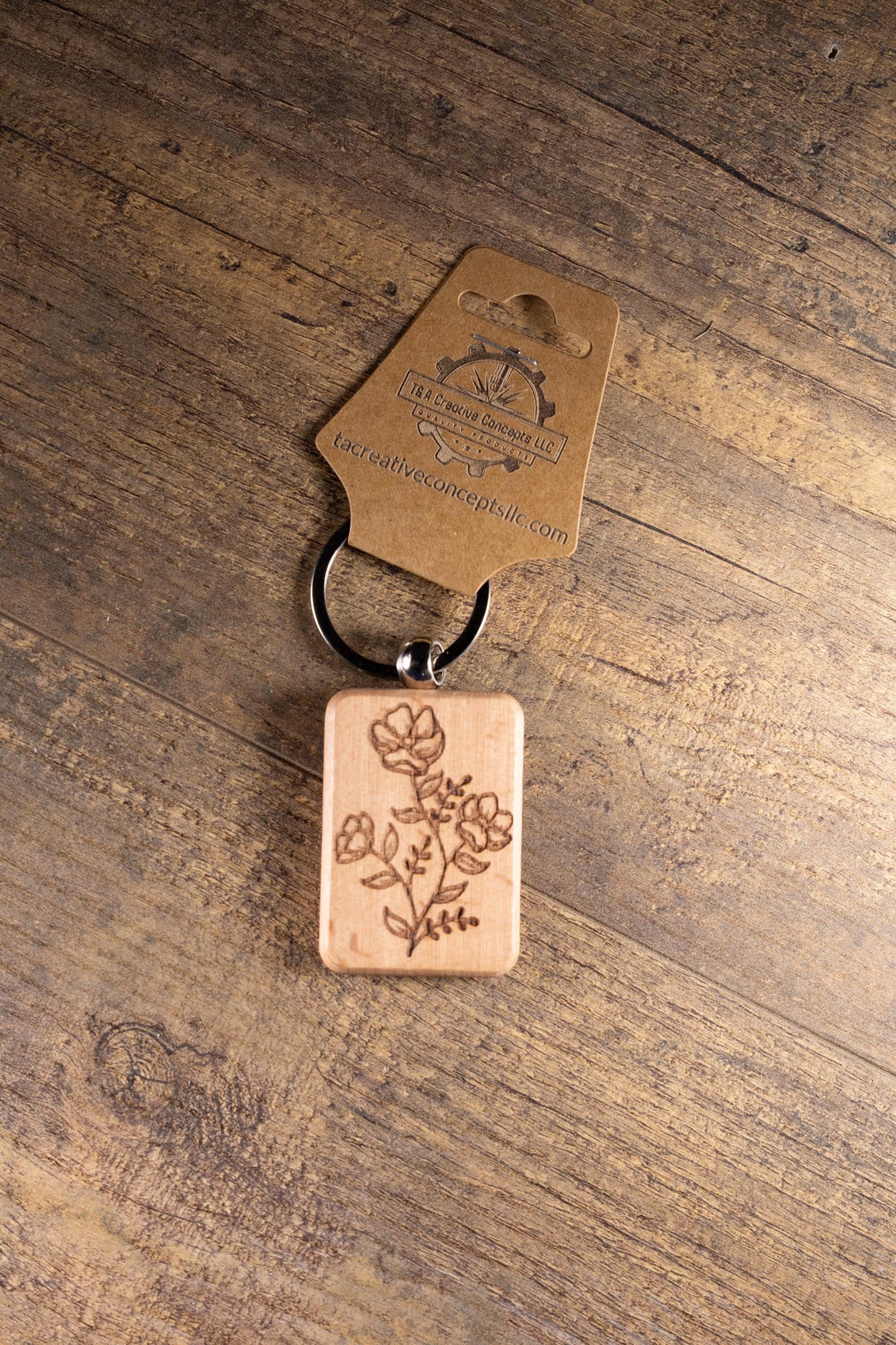 Wood Floral Keychain – Laser Engraved Charm with Solid Hardwood & Stainless Steel Hardware