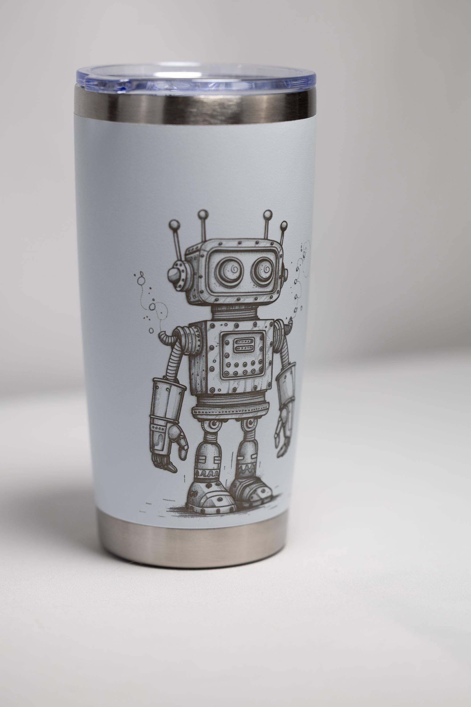 Retro Robot Tumbler – 20 oz Stainless Steel Cup with Laser Engraved Design