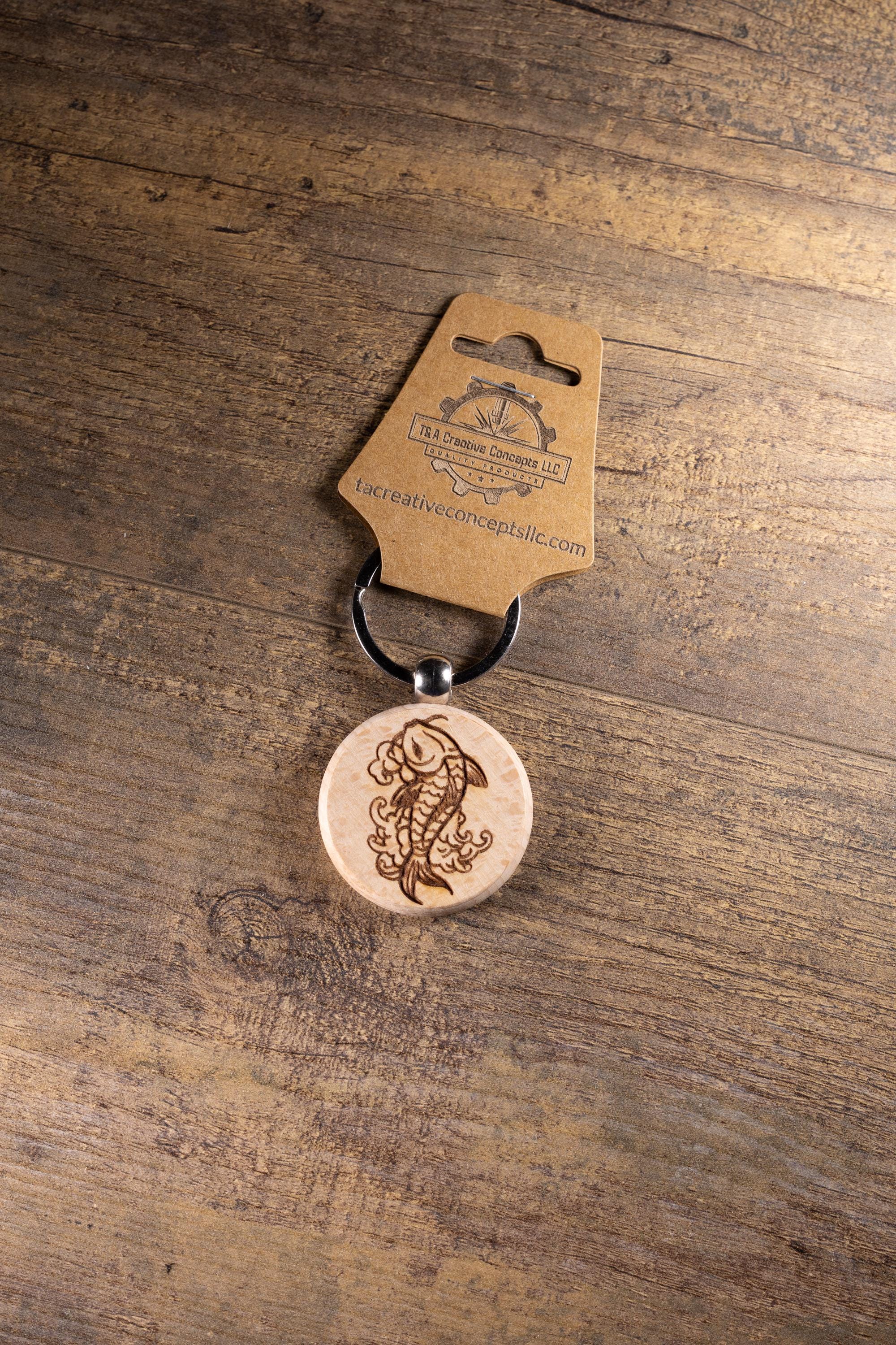 Koi Fish Keychain – Laser Engraved Hardwood With Stainless Steel Ring, Natural Finish