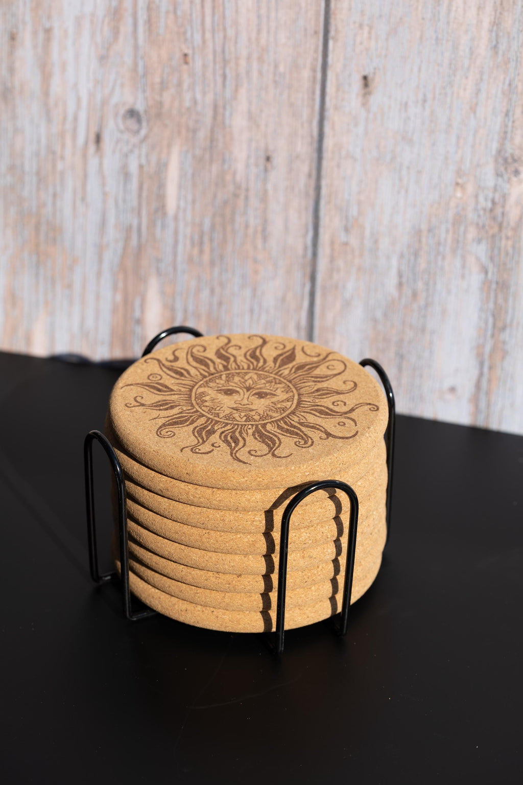 Sun Cork Coasters - Set of 8 Laser Engraved Boho Rustic Drink Mats with Holder