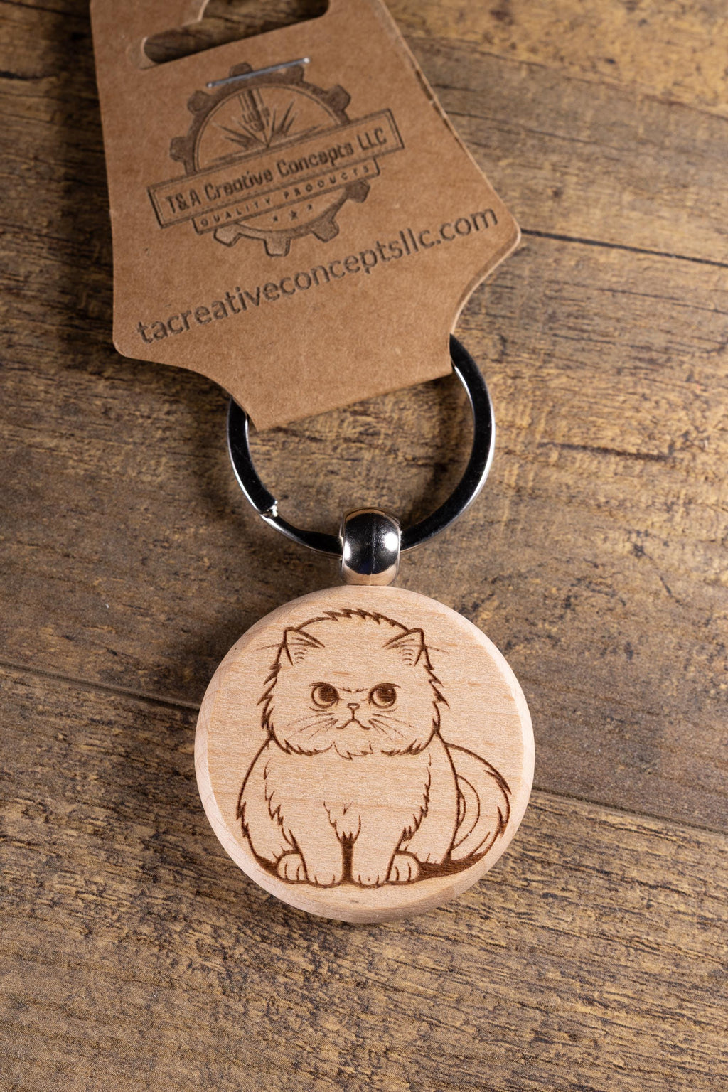 Cat Wood Keychain – Handmade Cat Charm With Laser Engraved Wood Grain