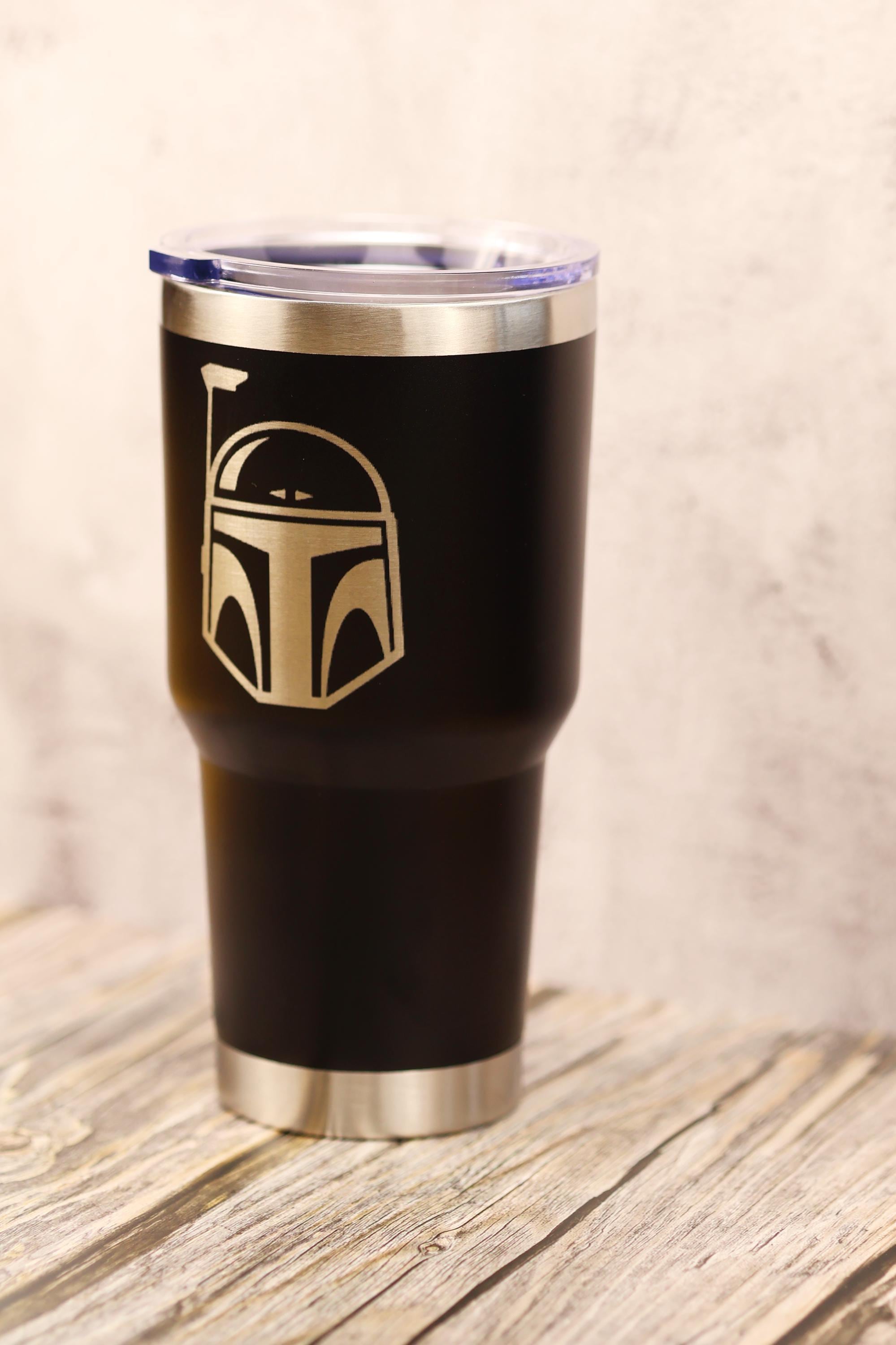 Boba Fett Tumbler – 30oz Stainless Steel Cup | Laser Engraved Helmet, Clear Lid