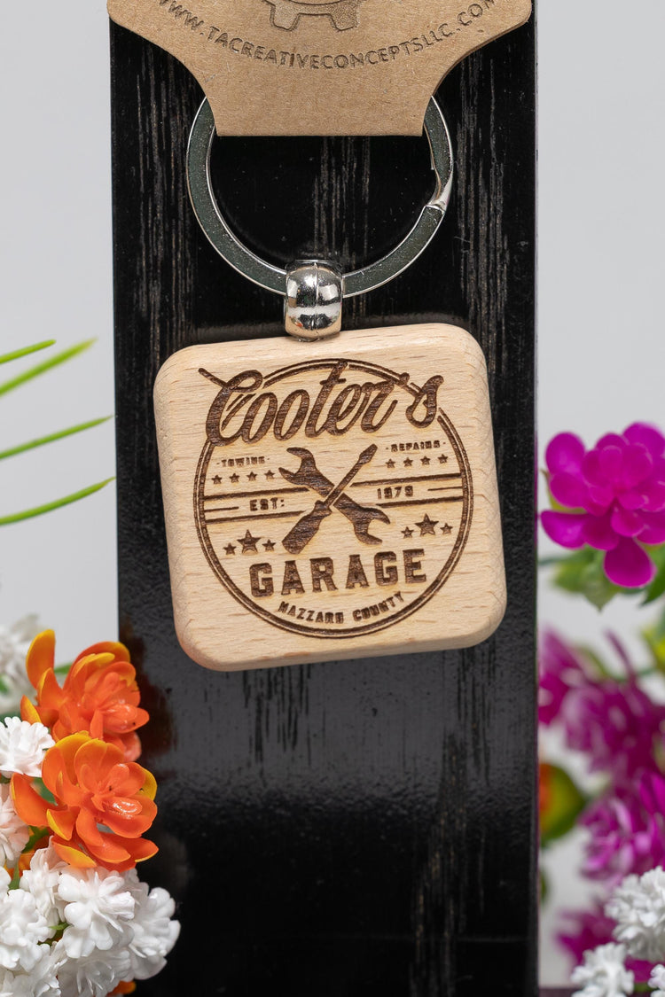 Wooden Engraved Keychain – Retro Garage Double Sided Laser Engraved Charm