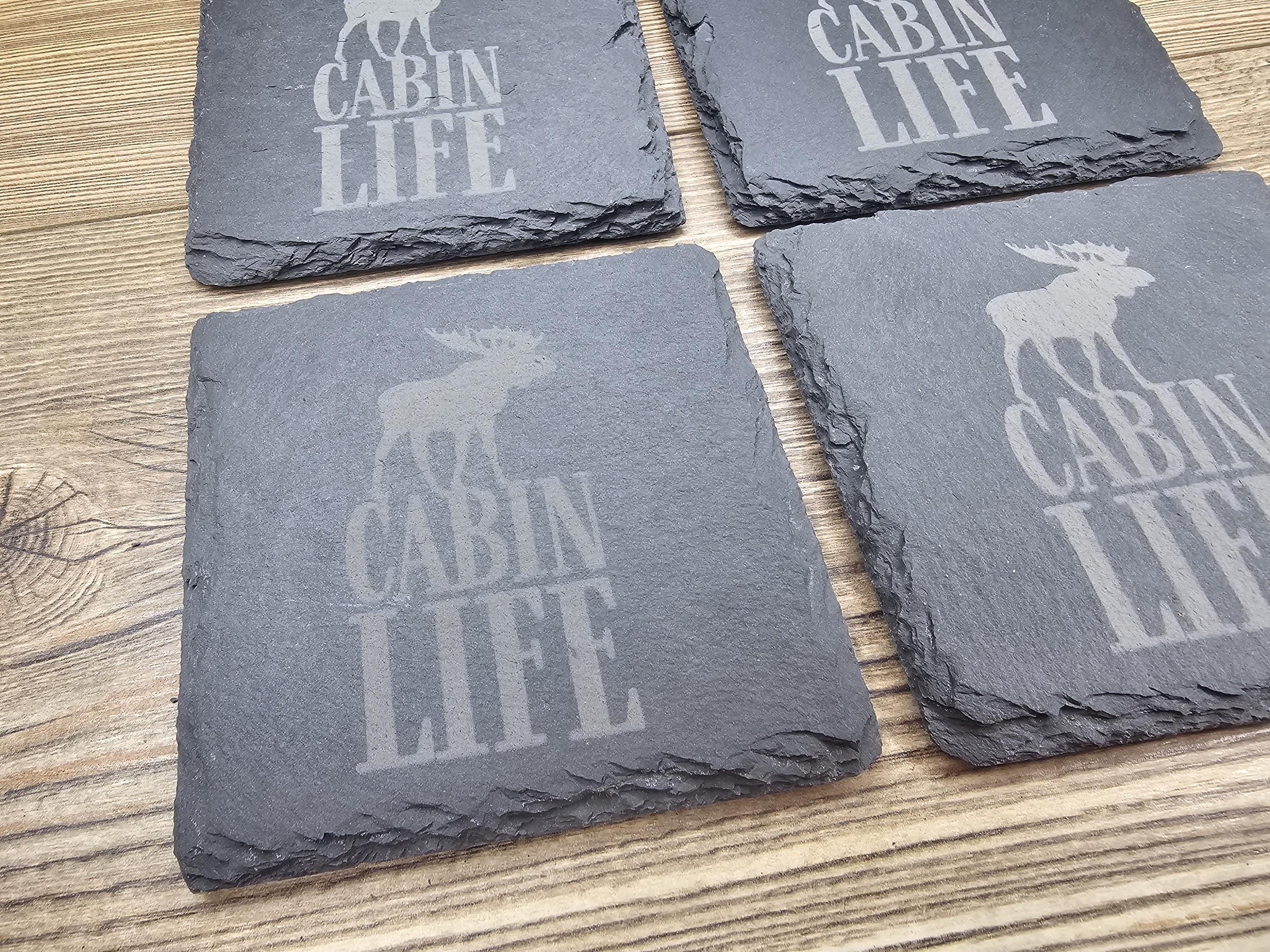 Rustic Slate Coasters – Cabin Life Coasters Set of 4 with Furniture Protection Pads