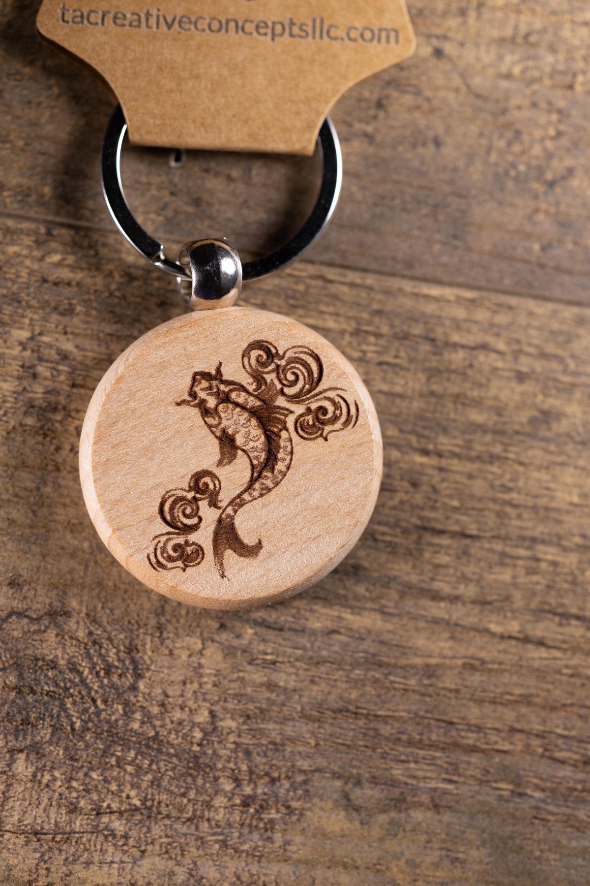 Koi Fish Keychain - Laser Engraved Hardwood Bag Charm With Stainless Steel Hardware