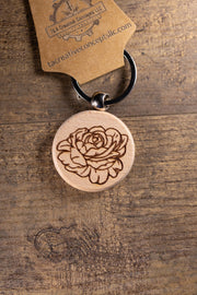 Peony Wood Keychain – Laser Engraved Floral Design | Hardwood & Stainless Steel Ring