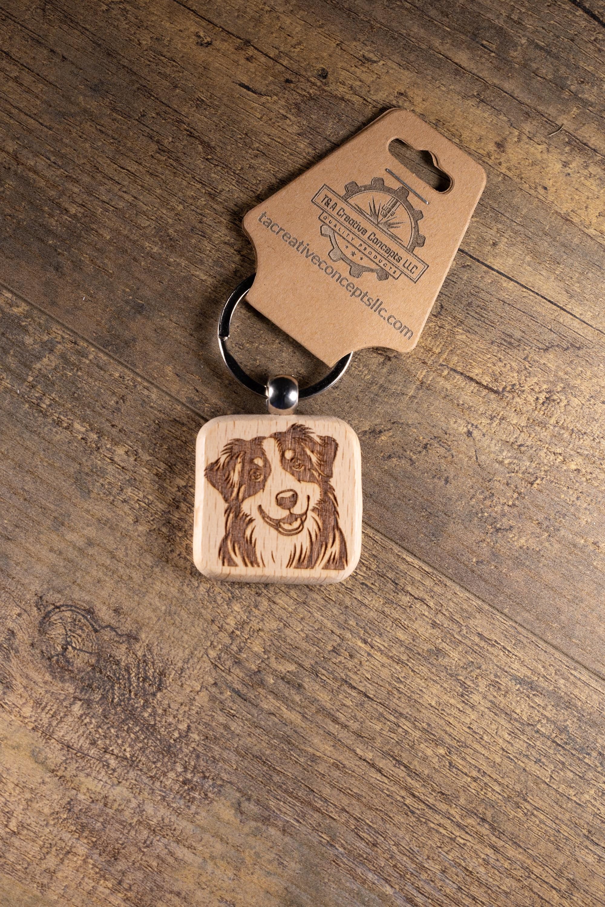 Australian Shepherd Keychain – Laser Engraved Hardwood Dog Lover Gift Idea