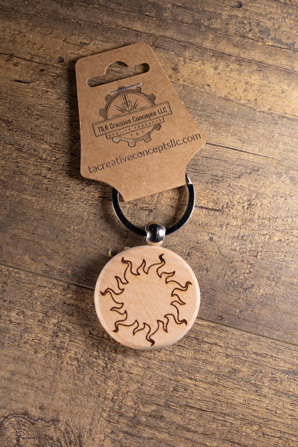 Wood Sun Keychain - Laser Engraved Solid Hardwood Charm | Stainless Steel Ring