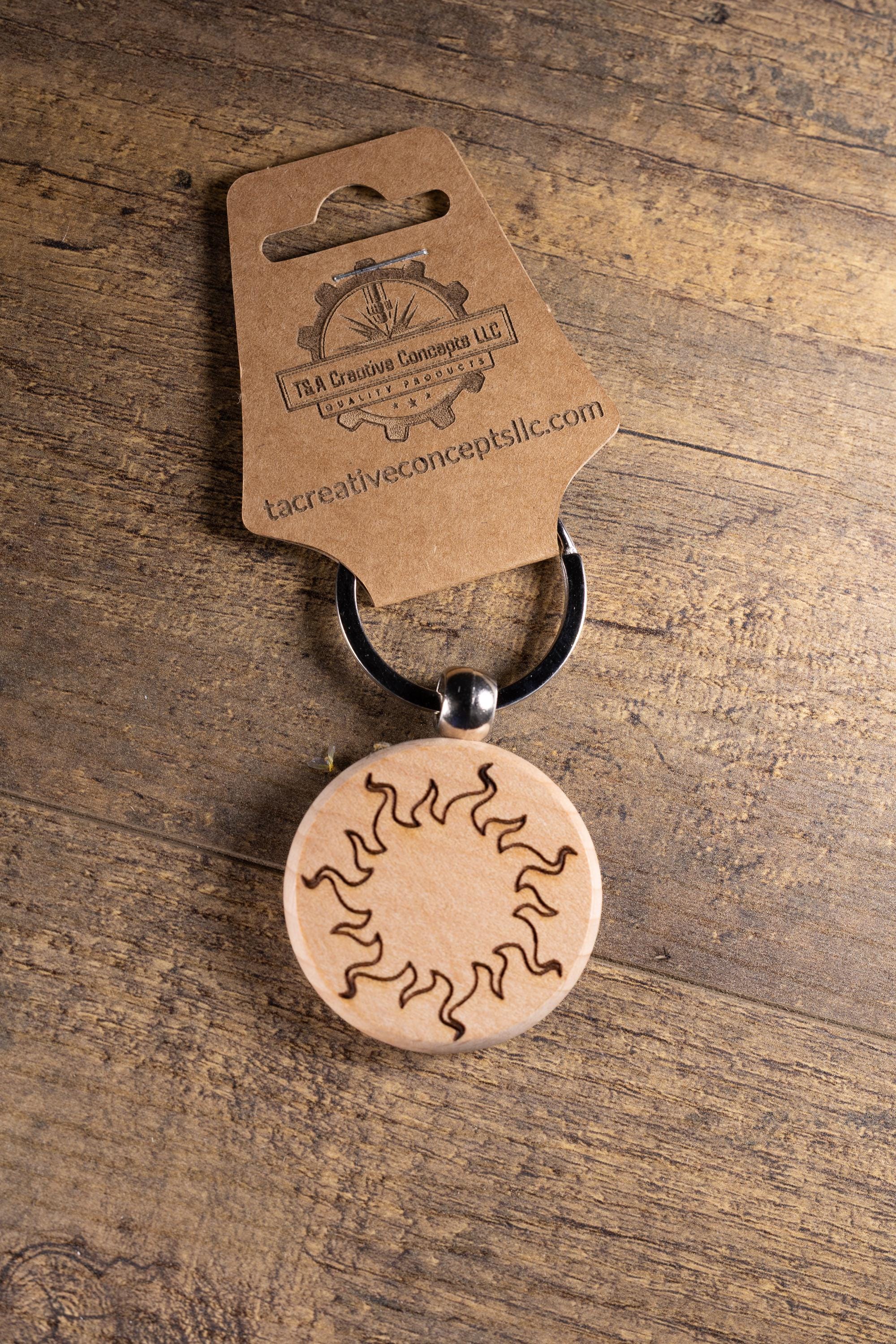 Wood Sun Keychain - Laser Engraved Solid Hardwood Charm | Stainless Steel Ring