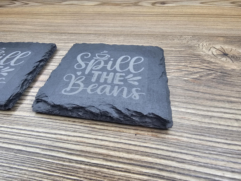 Slate Coasters Set – Spill the Beans Laser Engraved 4x4 Natural Slate Coasters