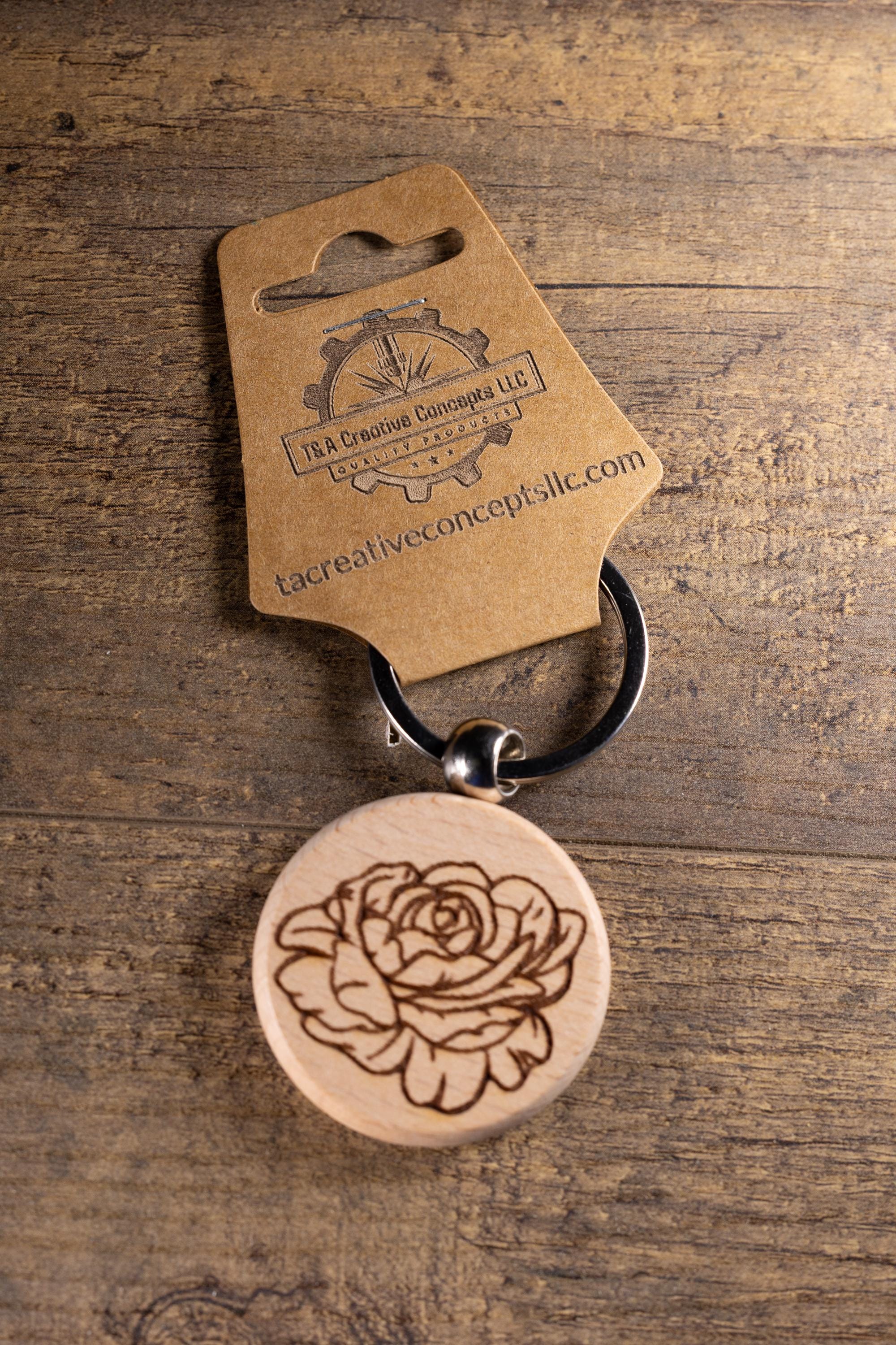 Peony Wood Keychain – Laser Engraved Floral Design | Hardwood & Stainless Steel Ring