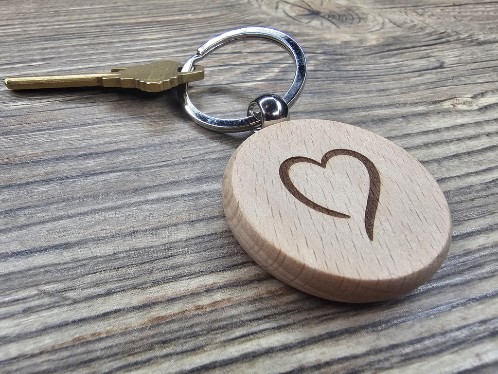 Laser Engraved Heart Keychain - Double Sided Hardwood With Rust Resistant Ring