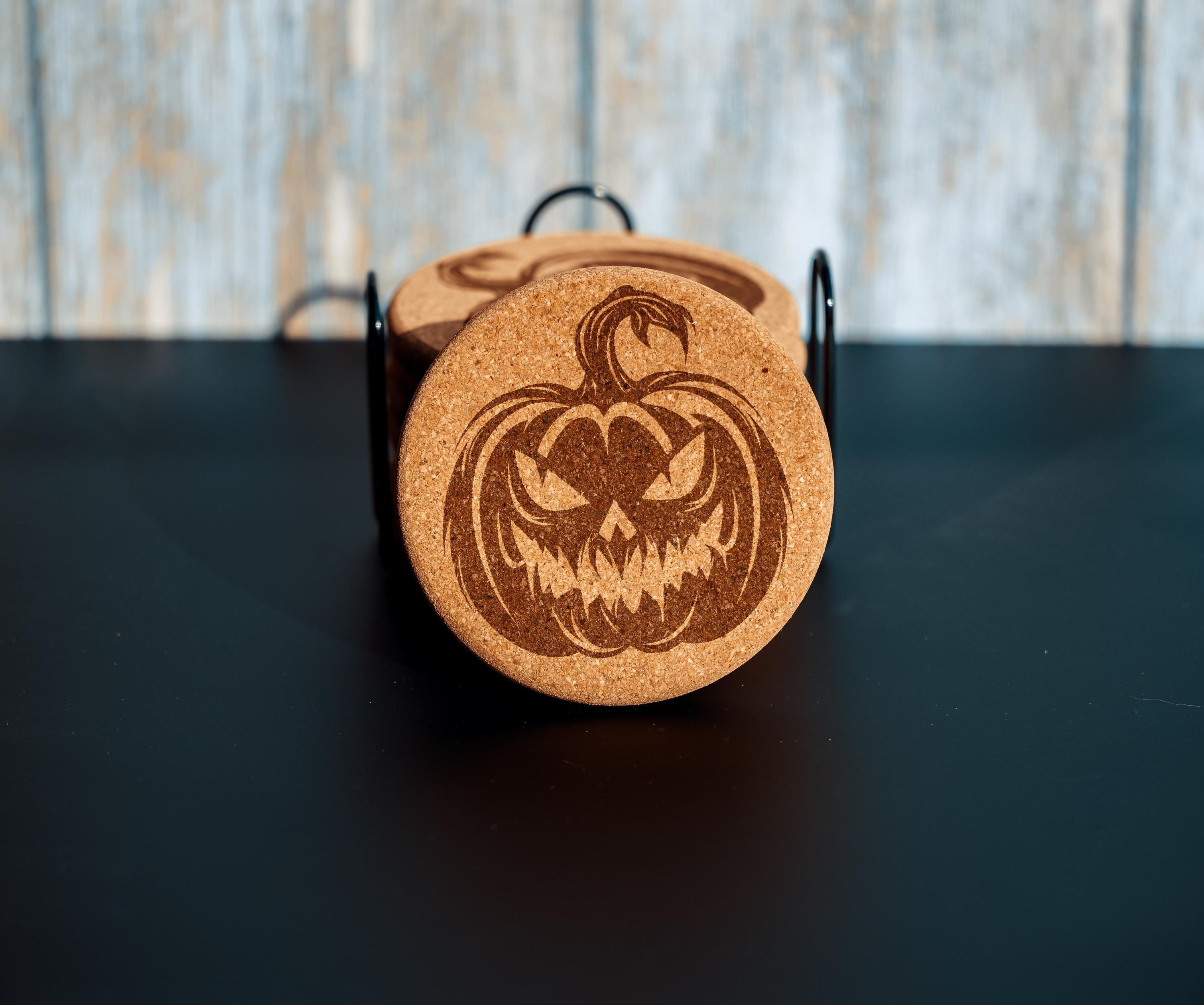 Halloween Pumpkin Coasters – Natural Cork Set | Laser Engraved Pumpkin Coaster Holder