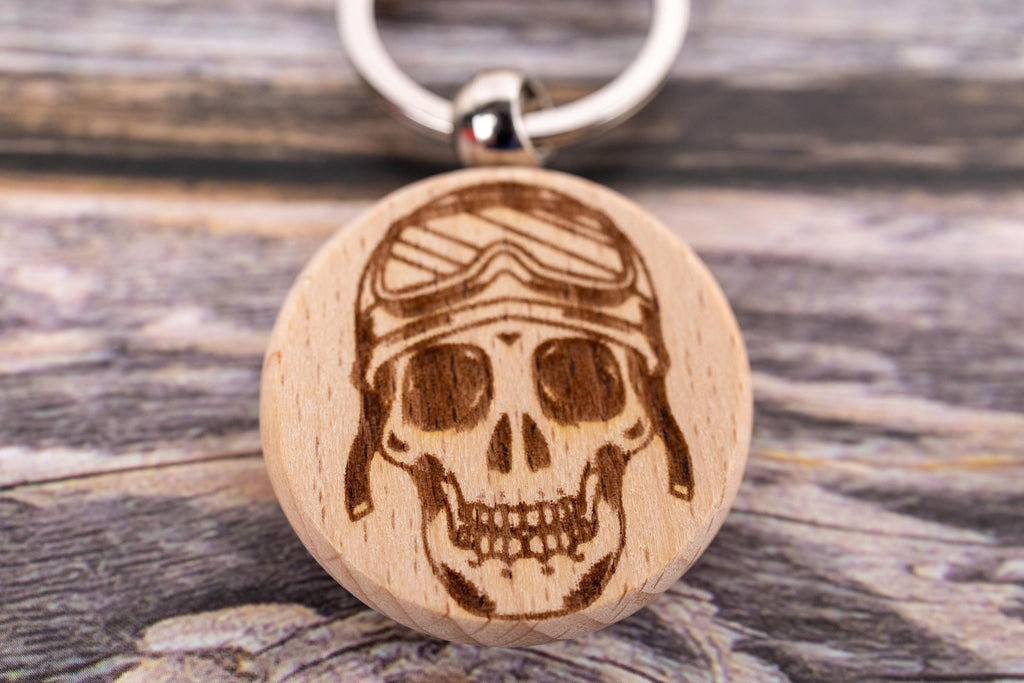 Motorcycle Skull Keychain – Double Sided Engraved Hardwood & Stainless Steel Ring