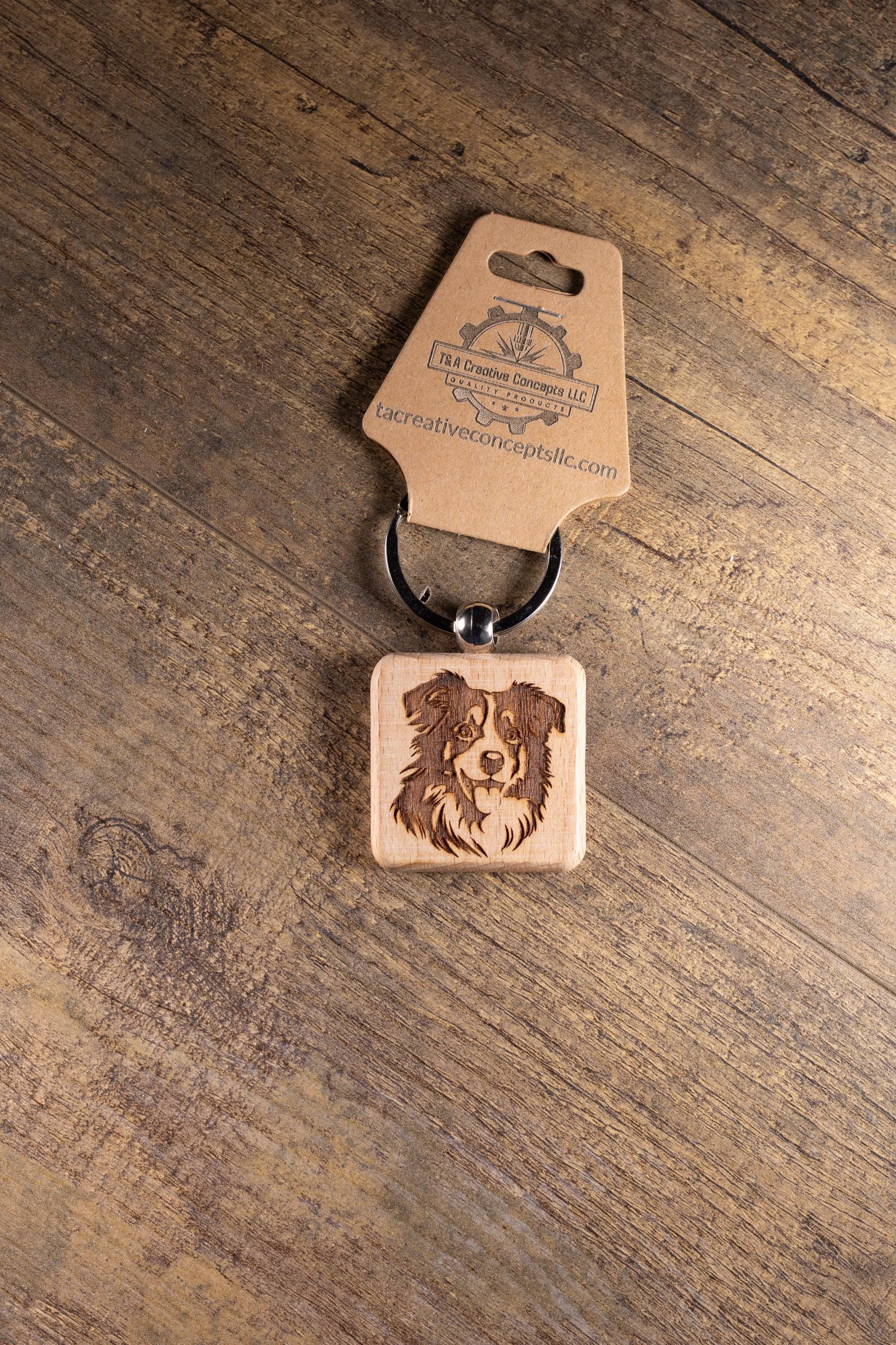 Australian Shepherd Keychain - Laser Engraved Wood Charm With Durable Stainless Steel Ring