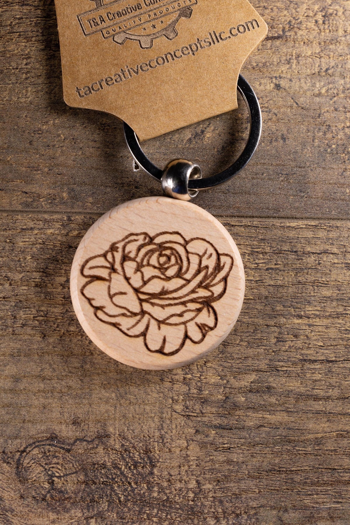 Peony Wood Keychain – Laser Engraved Floral Design | Hardwood & Stainless Steel Ring