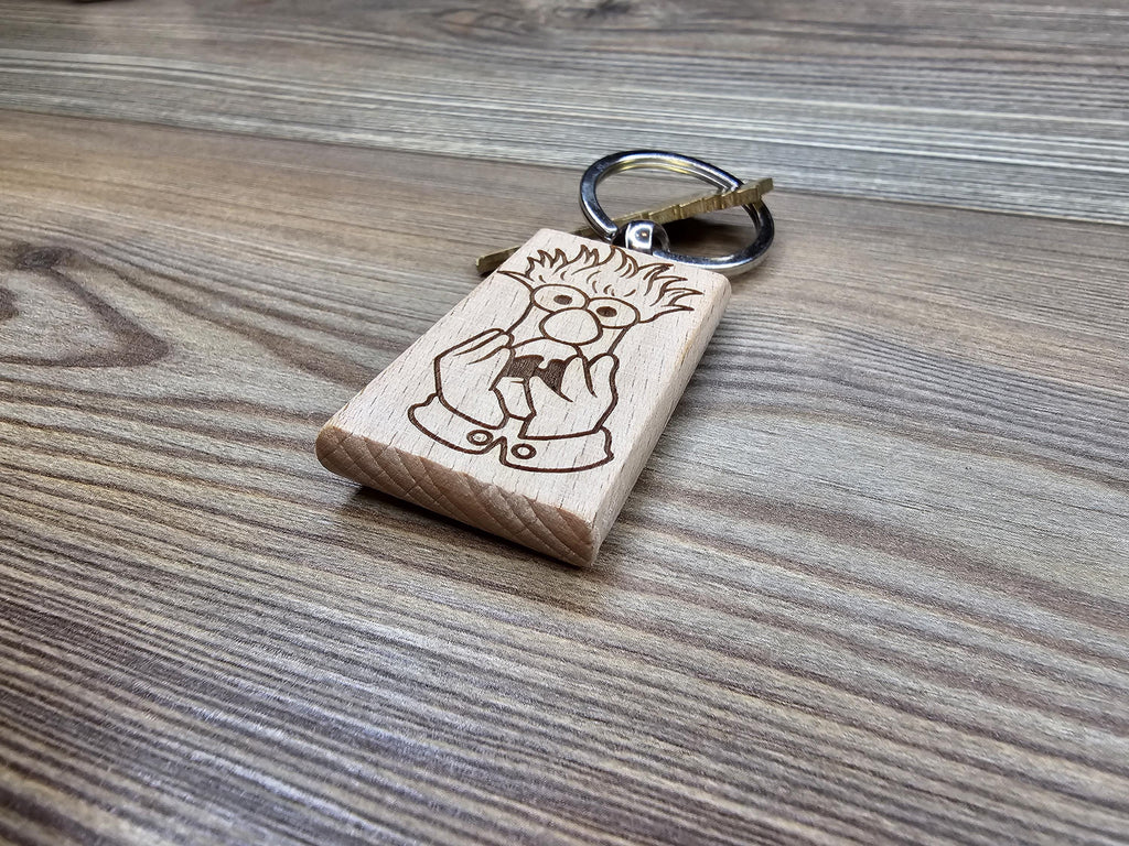 Beaker Muppets Keychain - Double Sided Laser Engraved Wood Charm With Stainless Steel Ring