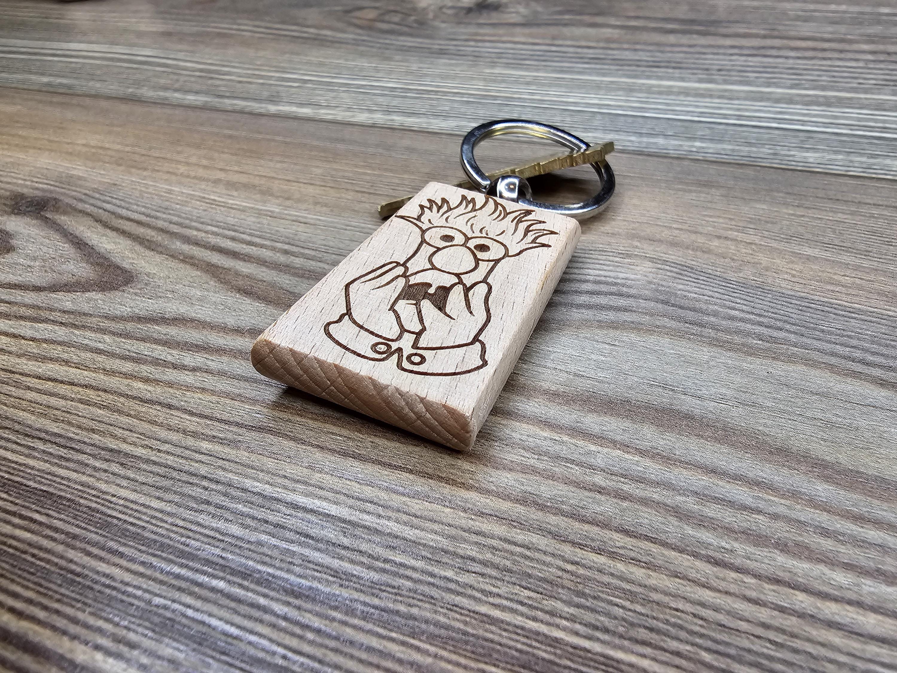 Beaker Muppets Keychain - Double Sided Laser Engraved Wood Charm With Stainless Steel Ring