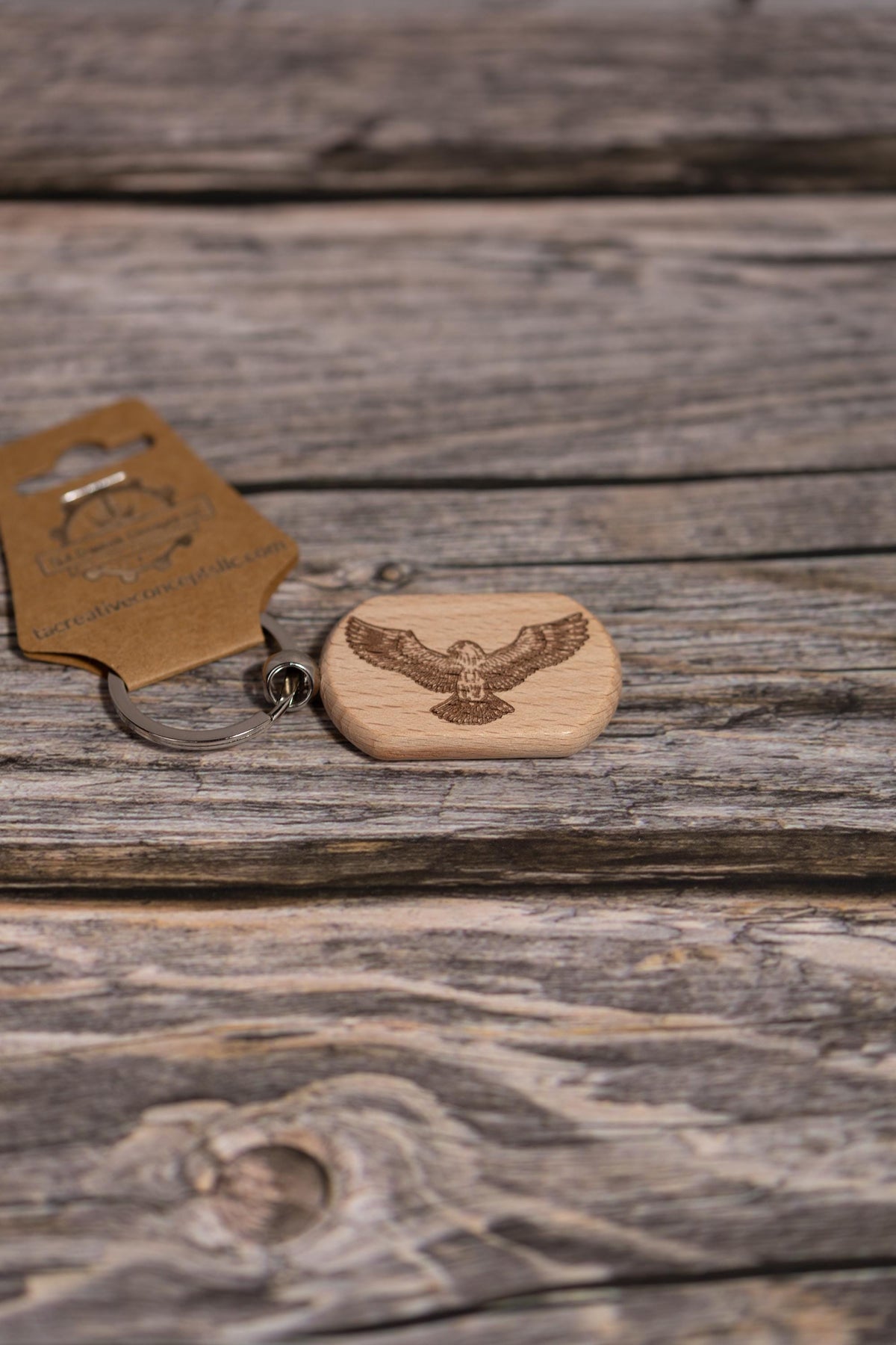 Eagle Keychain Wood - Laser Engraved Rustic Hardwood Charm with Stainless Steel Hardware