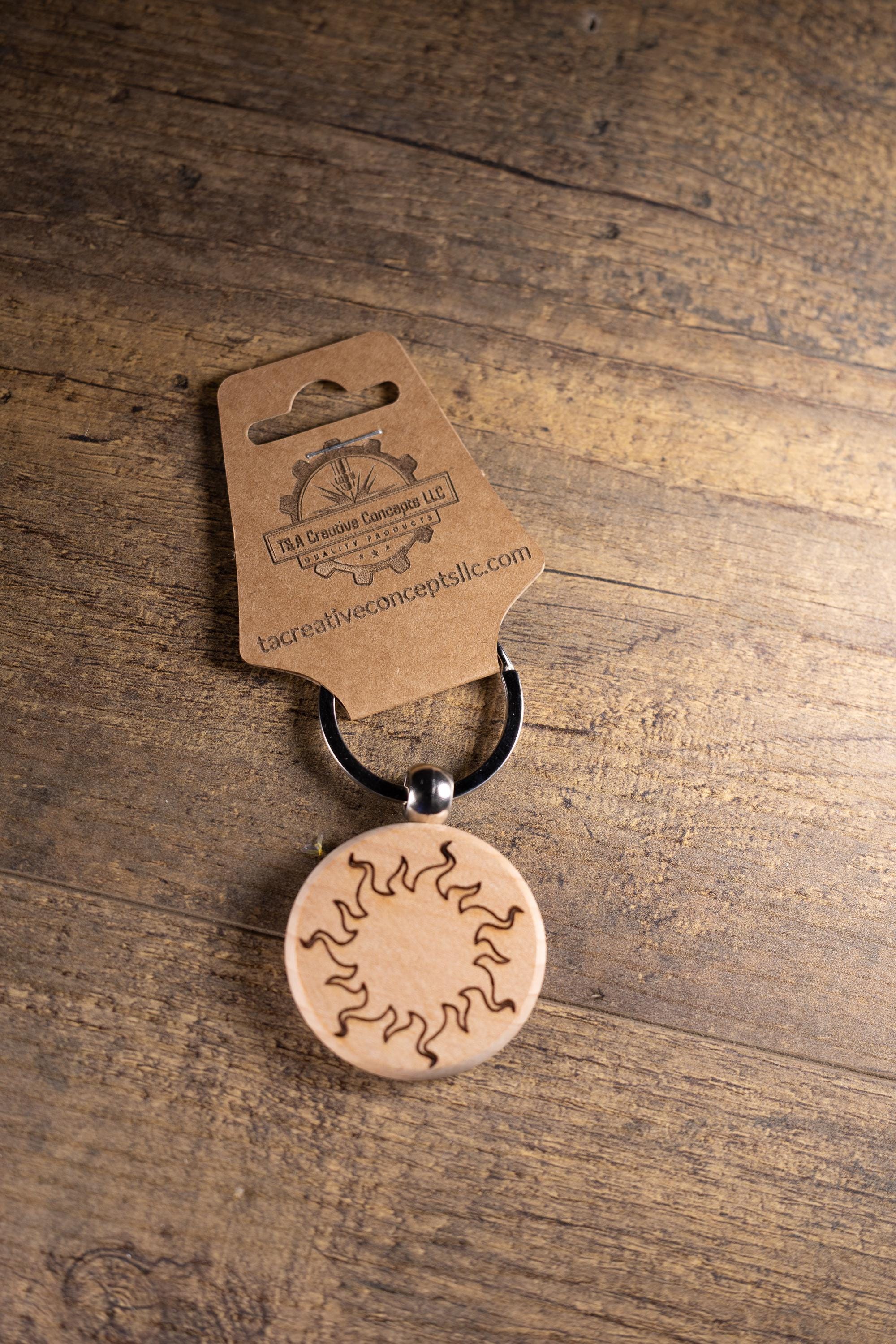 Wood Sun Keychain - Laser Engraved Solid Hardwood Charm | Stainless Steel Ring
