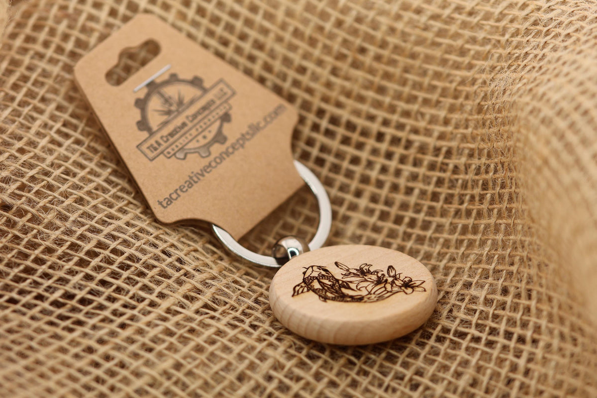 Koi Fish Keychain - Hardwood Laser Engraved Charm with Rust Resistant Ring