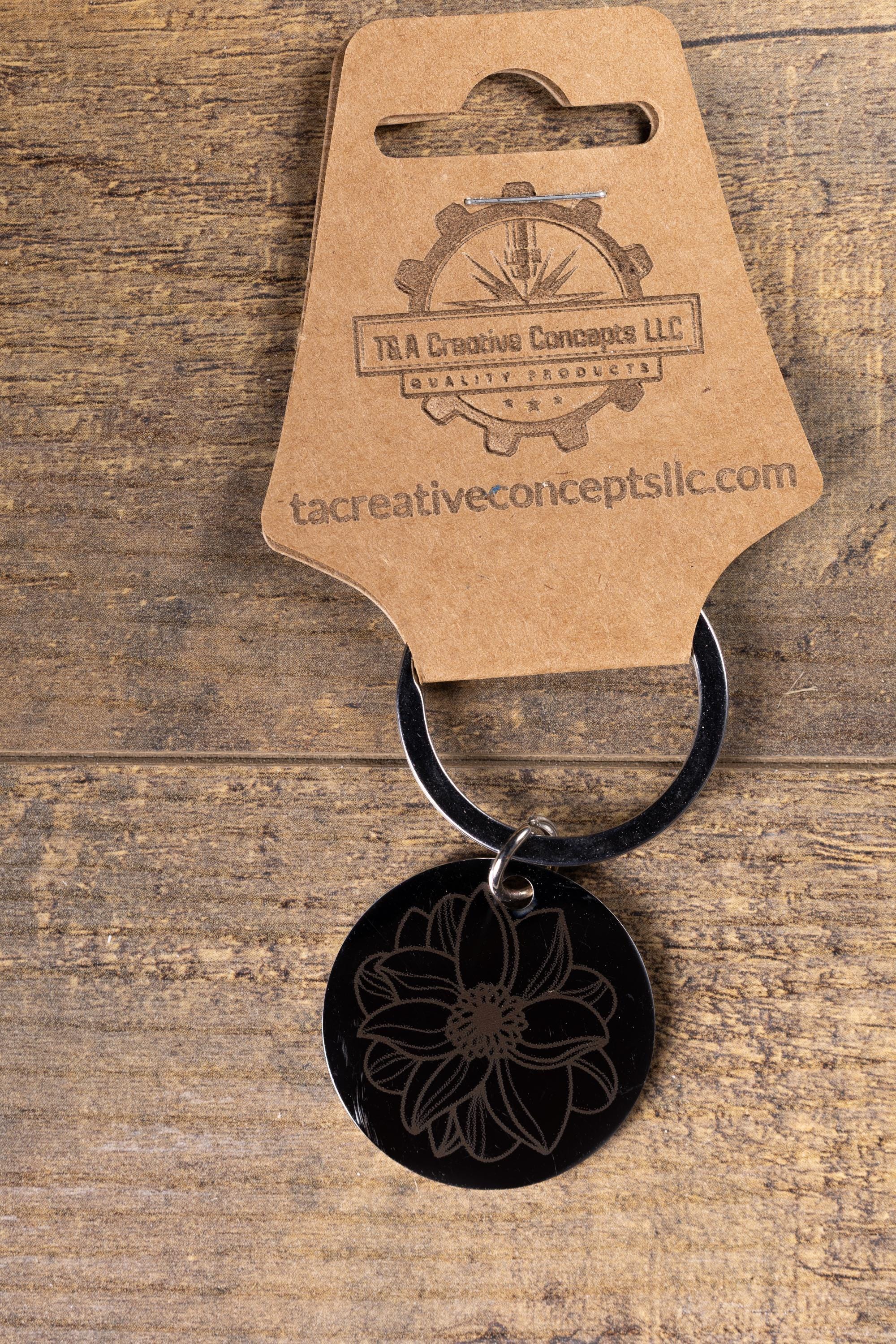 Mandala Flower Keychain – Black Stainless Steel, Double-Sided Engraved Charm