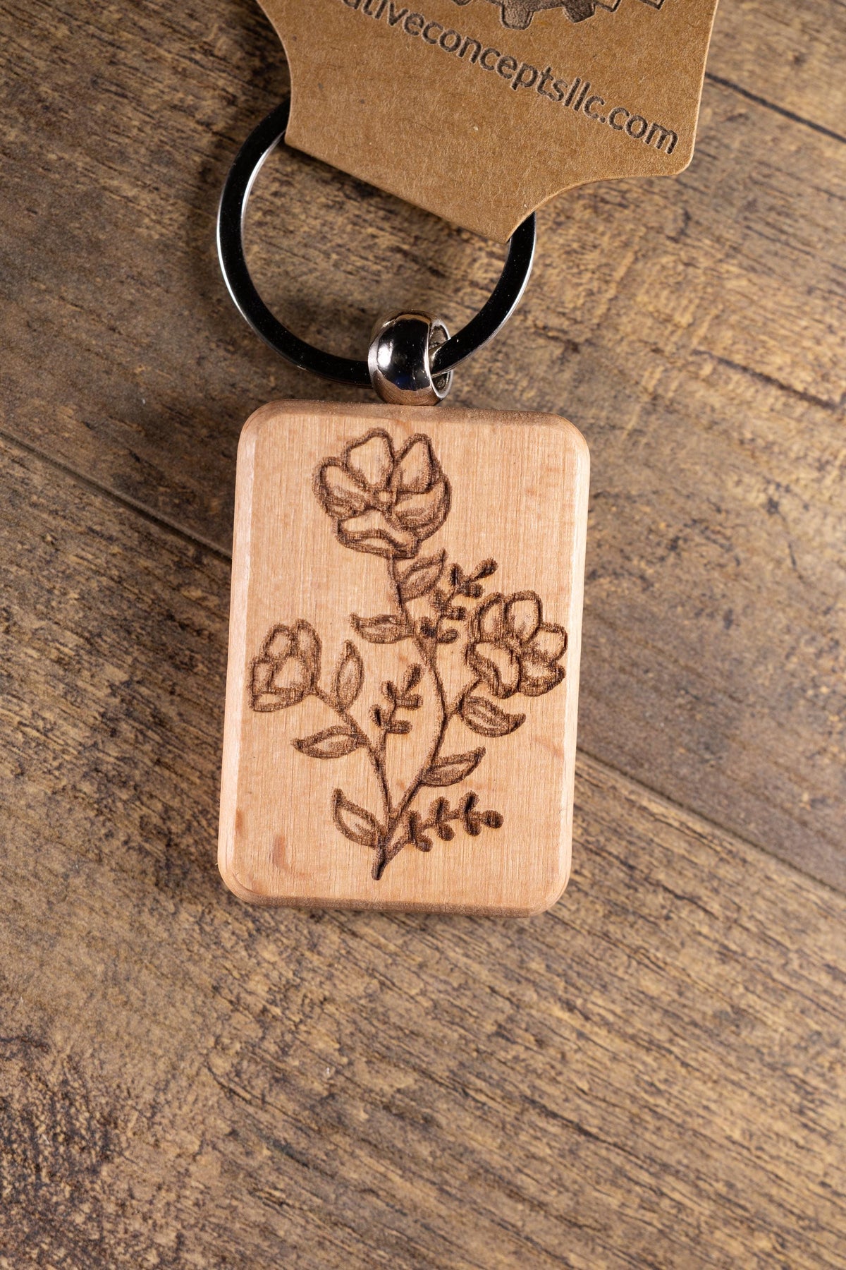 Wood Floral Keychain – Laser Engraved Charm with Solid Hardwood & Stainless Steel Hardware