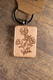 Wood Floral Keychain – Laser Engraved Charm with Solid Hardwood & Stainless Steel Hardware