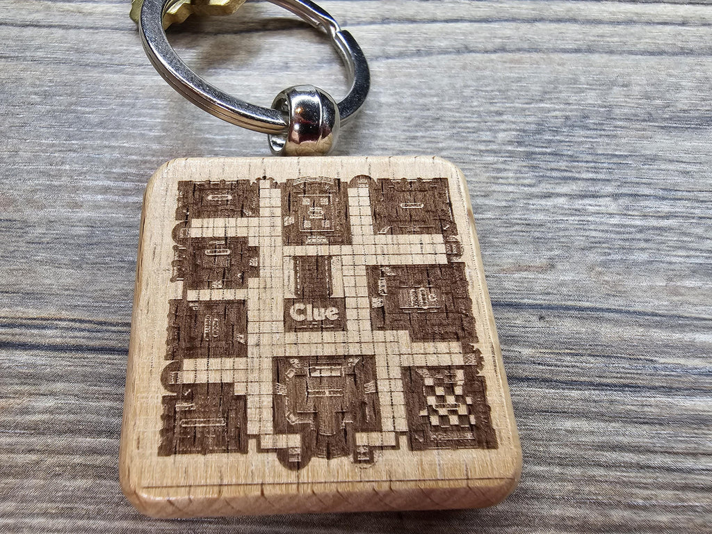 Clue Gameboard Keychain – Hardwood Laser Engraved Double Sided Engraving, Stainless Steel Ring