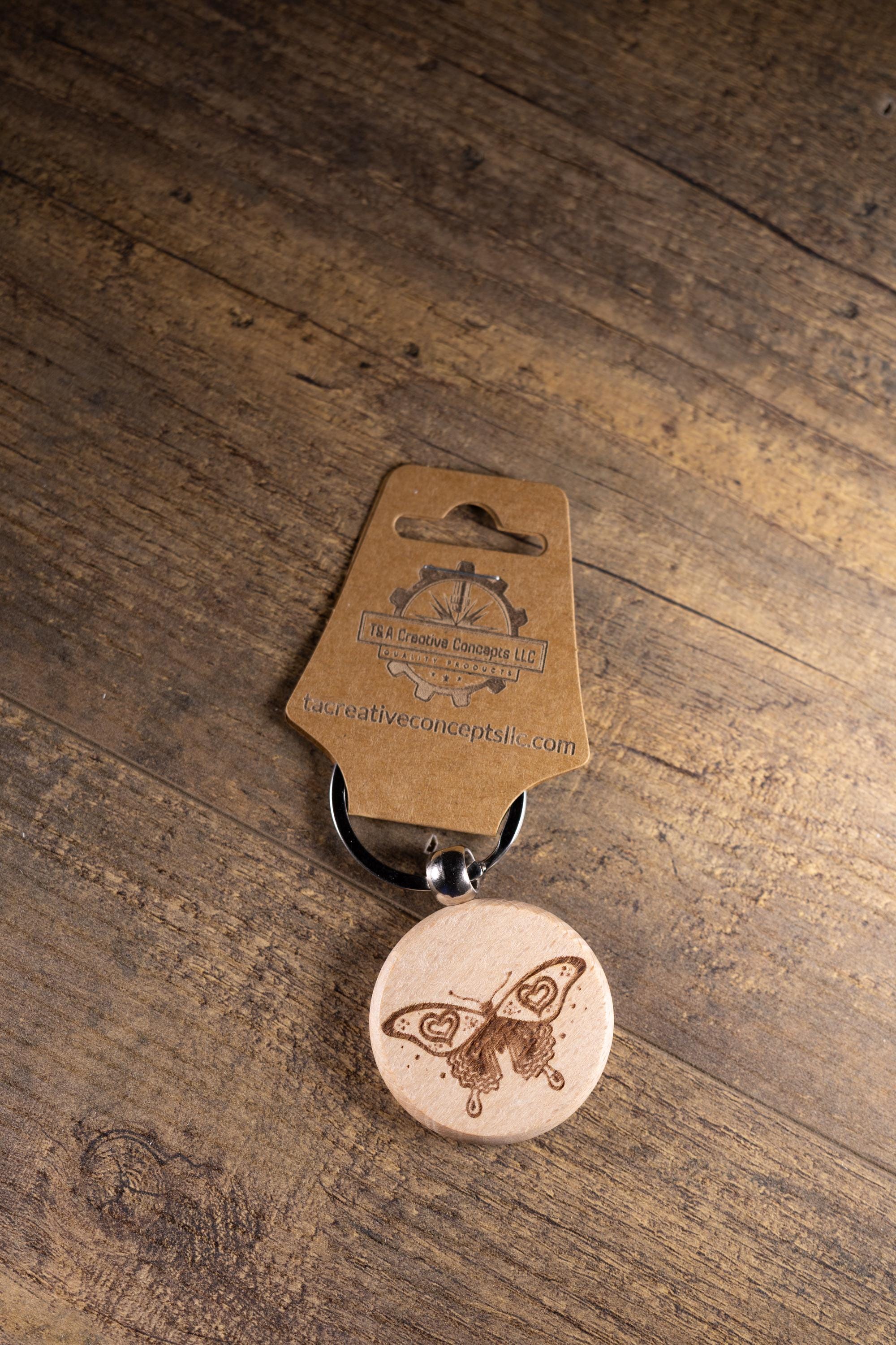 Laser Engraved Keychain - Solid Hardwood Butterfly Bag Charm with Stainless Steel Ring