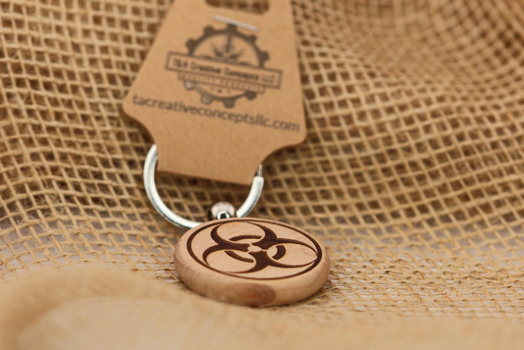 Wooden Biohazard Keychain – Laser Engraved Hardwood Charm with Rust Resistant Ring