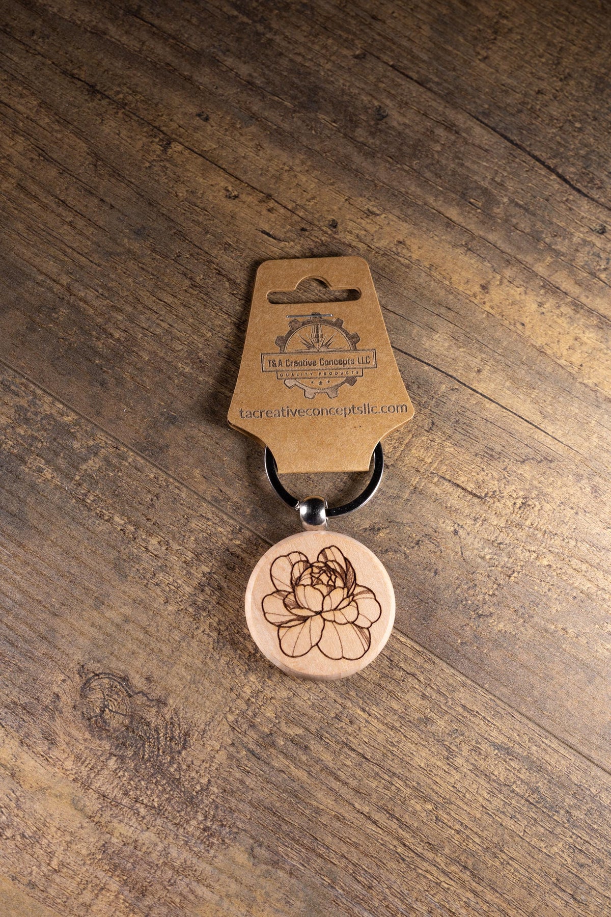 Peony Wood Keychain – Laser Engraved Floral Wood Charm with Stainless Steel Ring