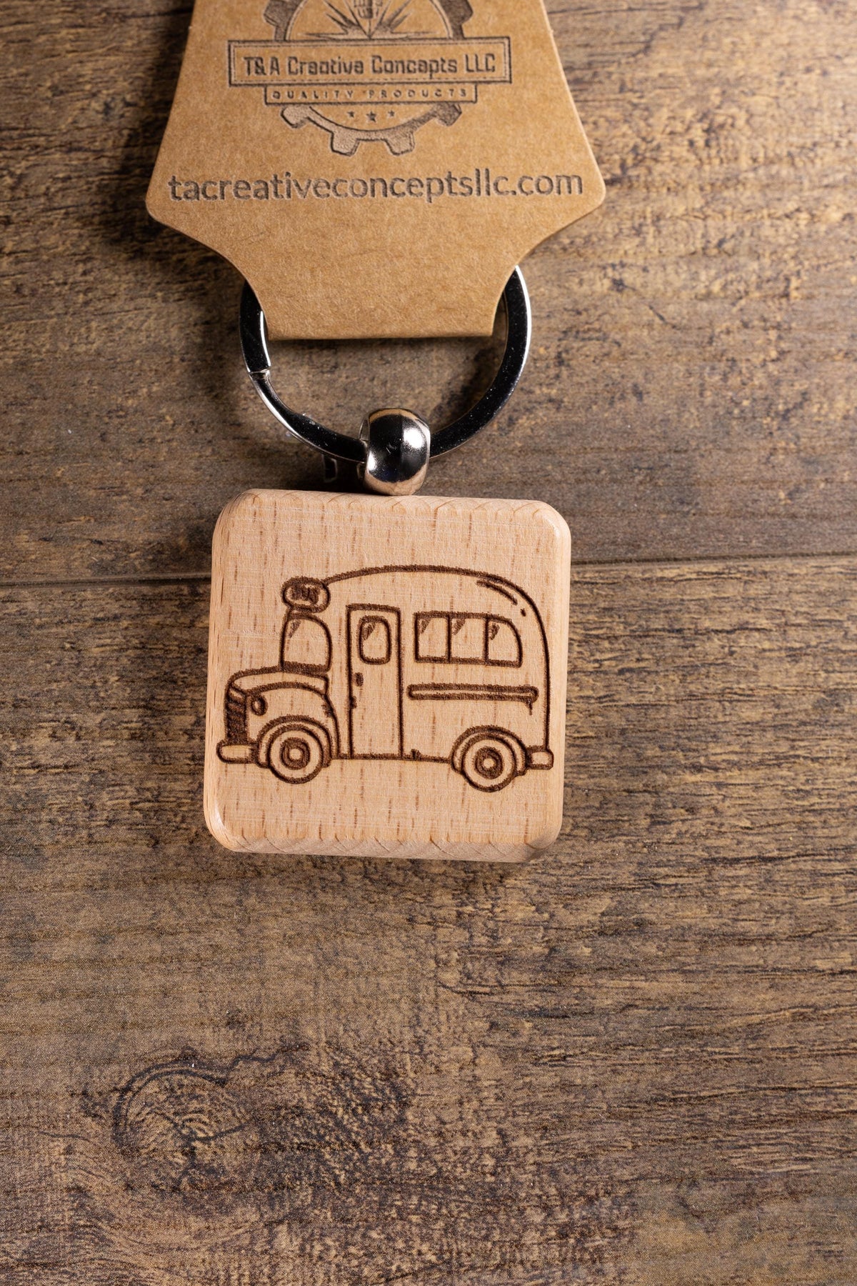 School Bus Keychain - Handmade Solid Wood Charm With Stainless Steel Ring