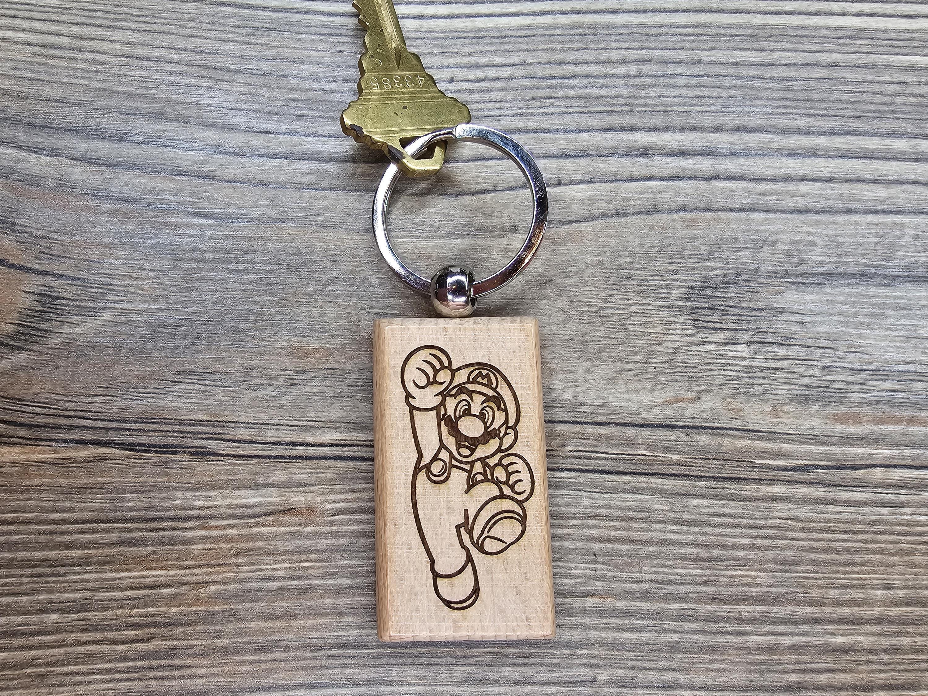 Mario Hardwood Keychain – Double Sided Engraved Hardwood with Stainless Steel Ring