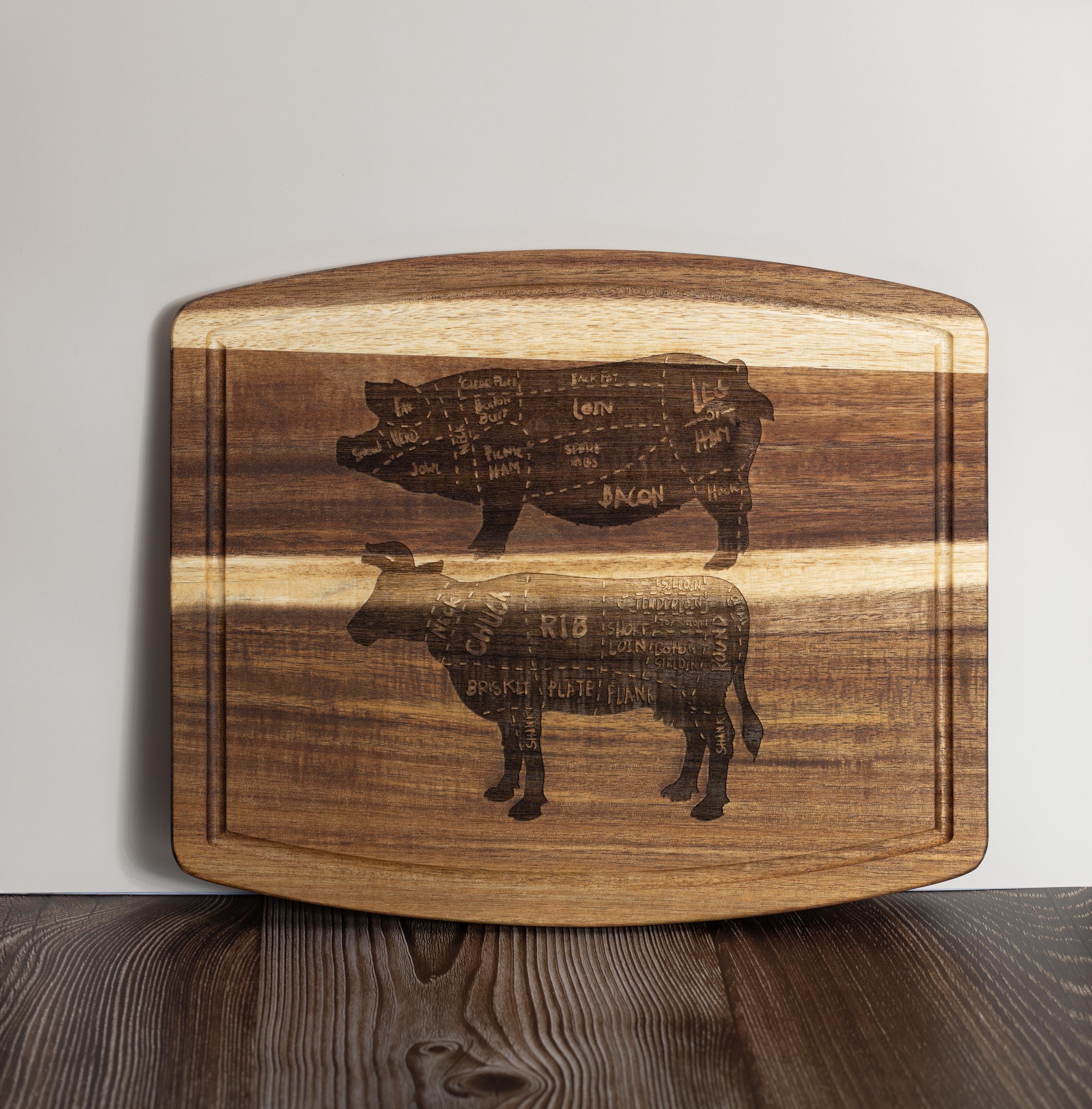 Butcher Diagram Cutting Board - Acacia Wood Pig & Cow Chart, Laser Engraved