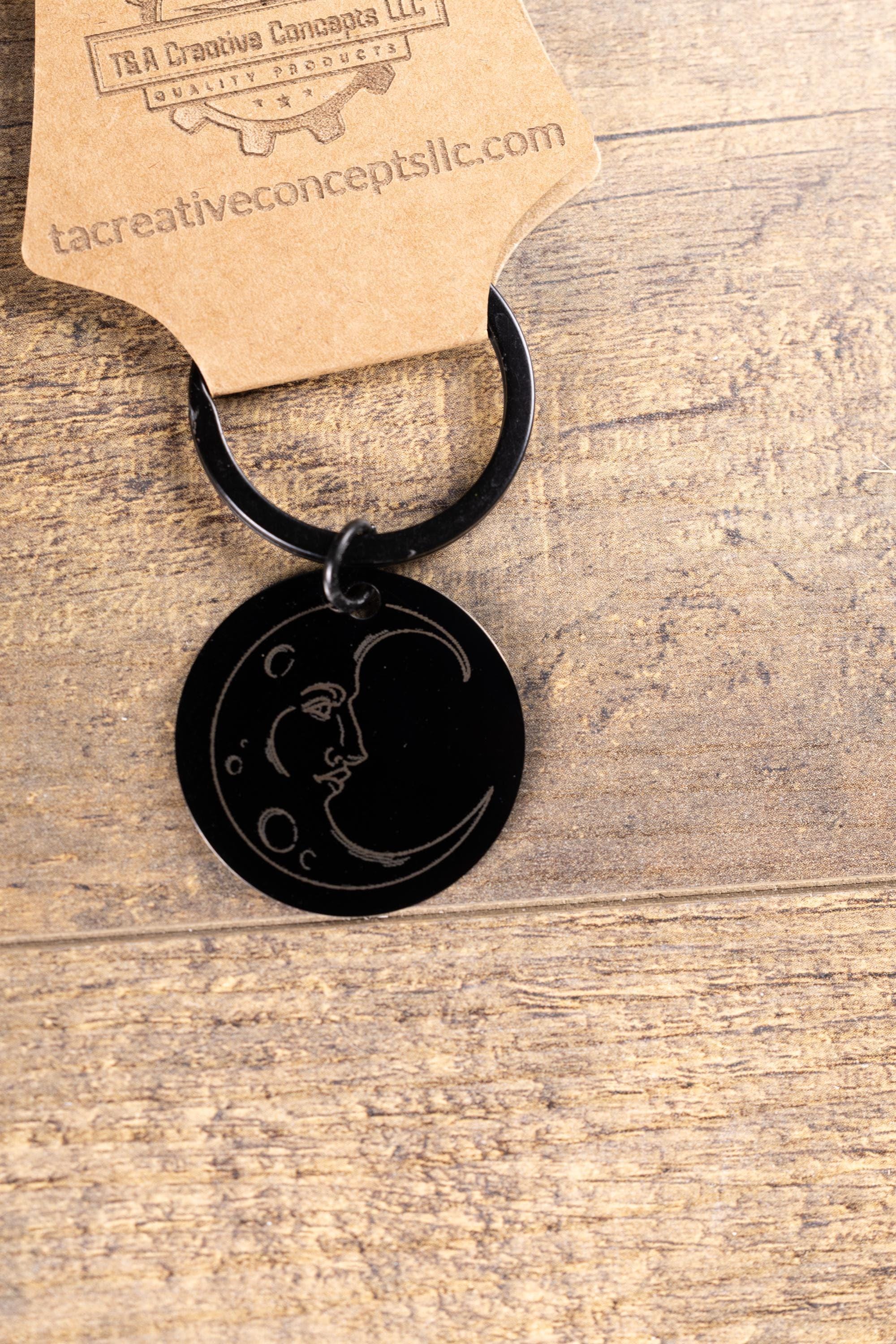 Moon Keychain – Black Stainless Steel | Laser Engraved Celestial Night Sky Accessory