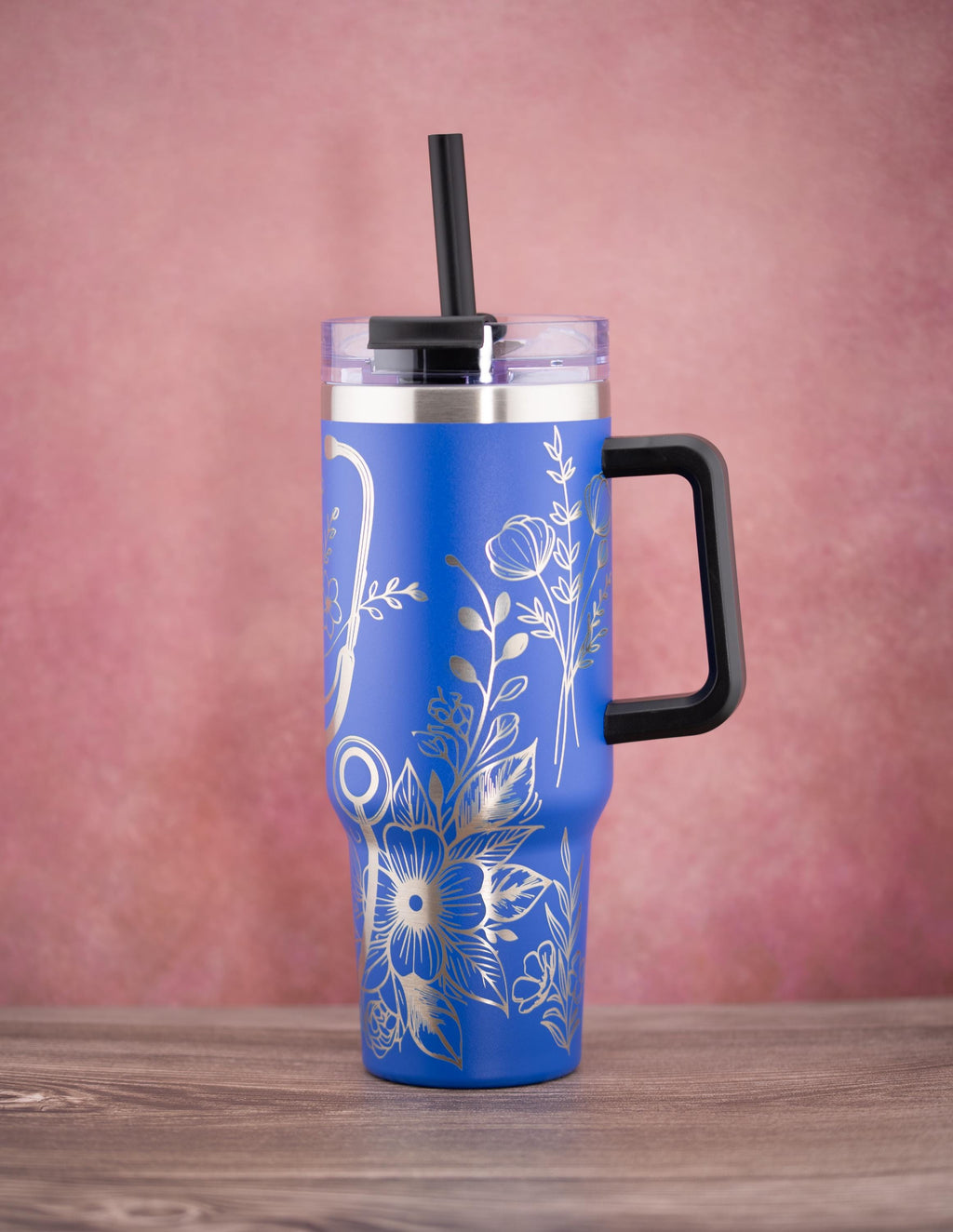 Floral Nurse Tumbler – 40oz Stainless Steel Insulated Drink Cup with Handle & Straw Lid