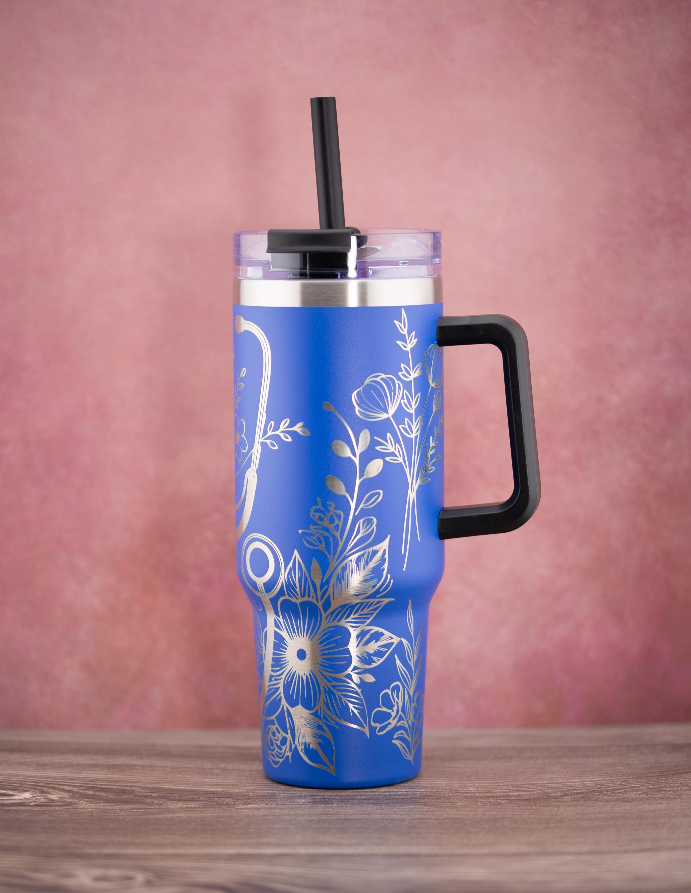 Floral Nurse Tumbler – 40oz Stainless Steel Insulated Drink Cup with Handle & Straw Lid