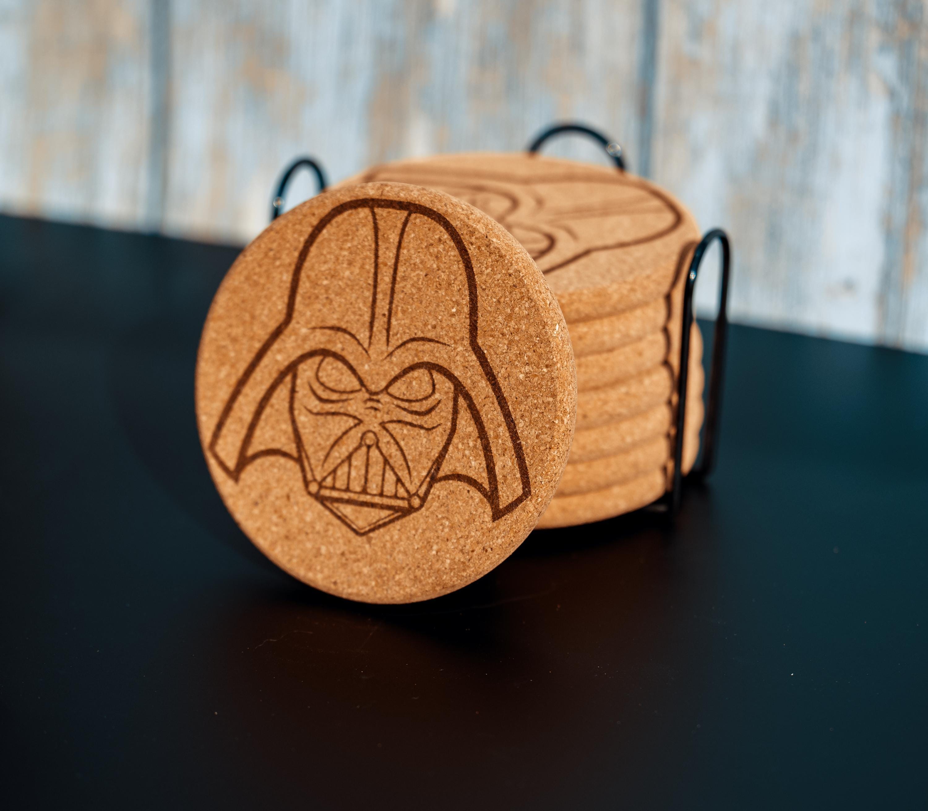 Darth Vader Coasters – Star Wars Drink Mats | Laser Engraved Cork Set with Holder