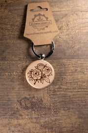 Wood Keychain – Laser Engraved Peony Bouquet Floral Charm | Maple, Cherry, Walnut