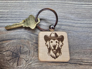 Golden Retriever Keychain – Laser Engraved Wood Cowboy Hat Charm, Durable Hardwood
