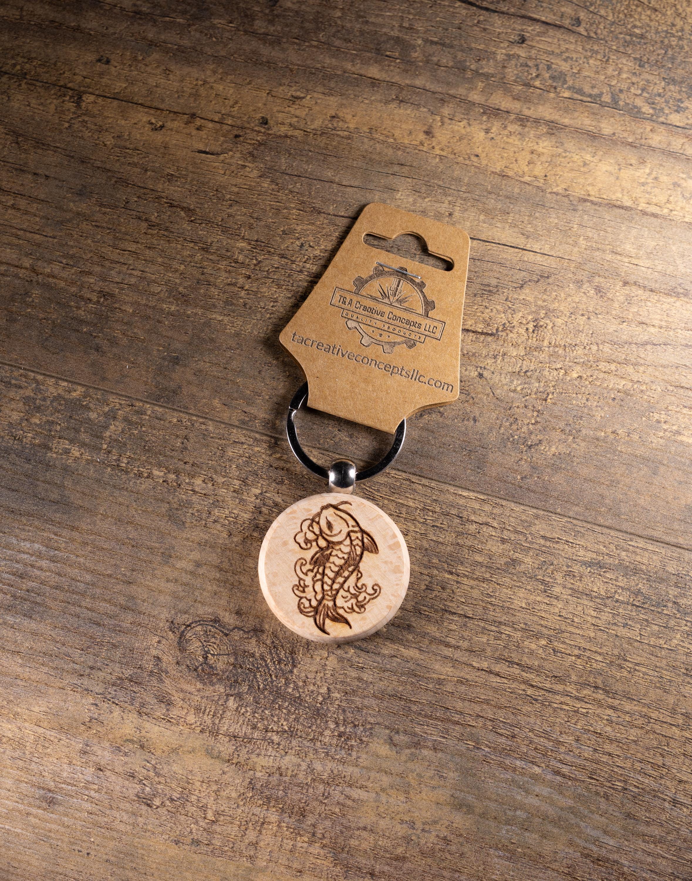 Koi Fish Keychain – Laser Engraved Hardwood With Stainless Steel Ring, Natural Finish