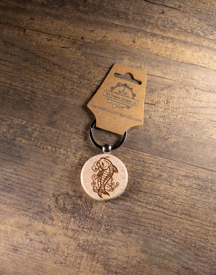 Koi Fish Keychain – Laser Engraved Hardwood With Stainless Steel Ring, Natural Finish