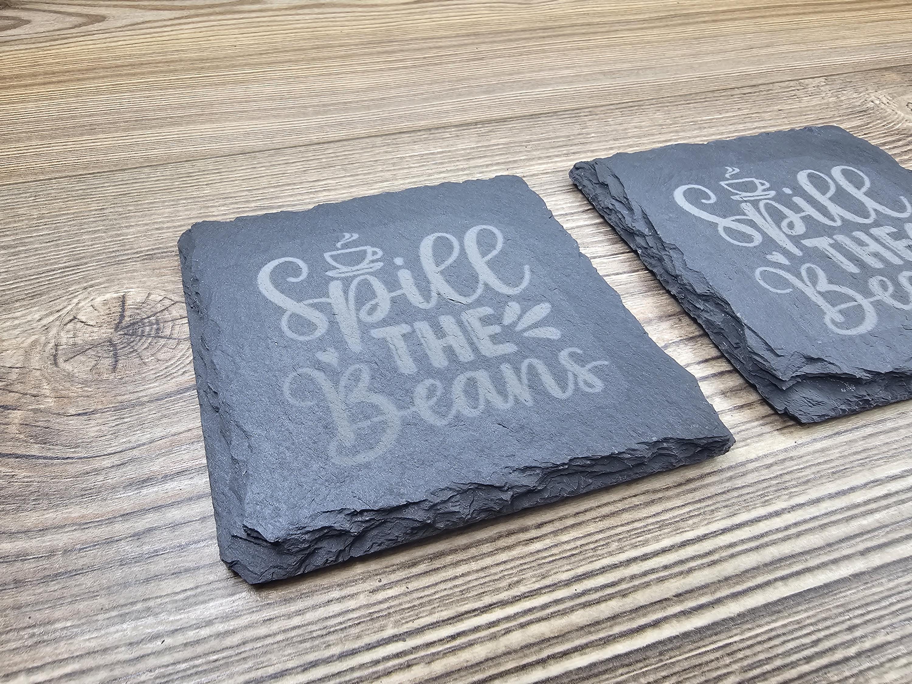 Slate Coasters Set – Spill the Beans Laser Engraved 4x4 Natural Slate Coasters