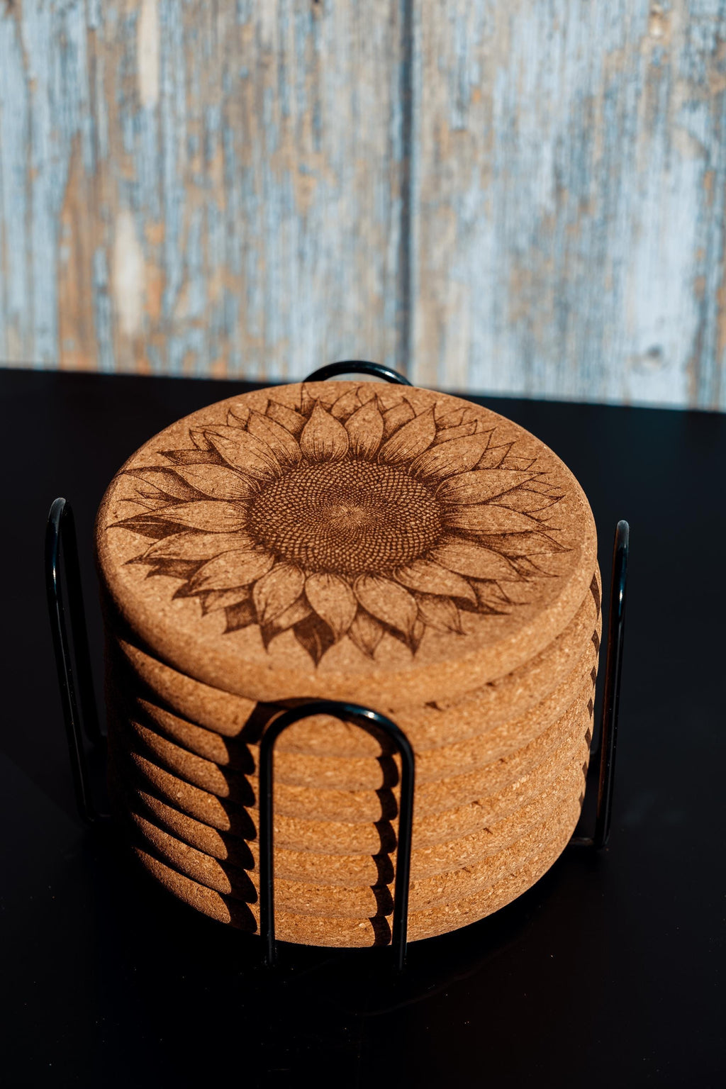 Rustic Cork Coasters - Set of 8 Sunflower Drink Set with Natural Cork Holder