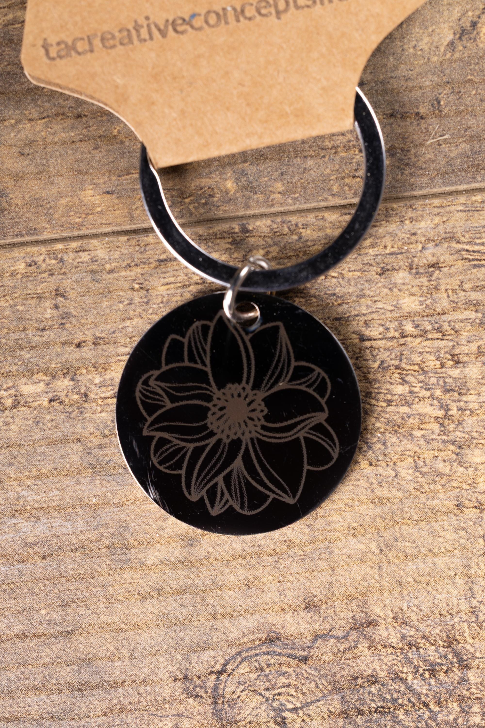 Mandala Flower Keychain – Black Stainless Steel, Double-Sided Engraved Charm